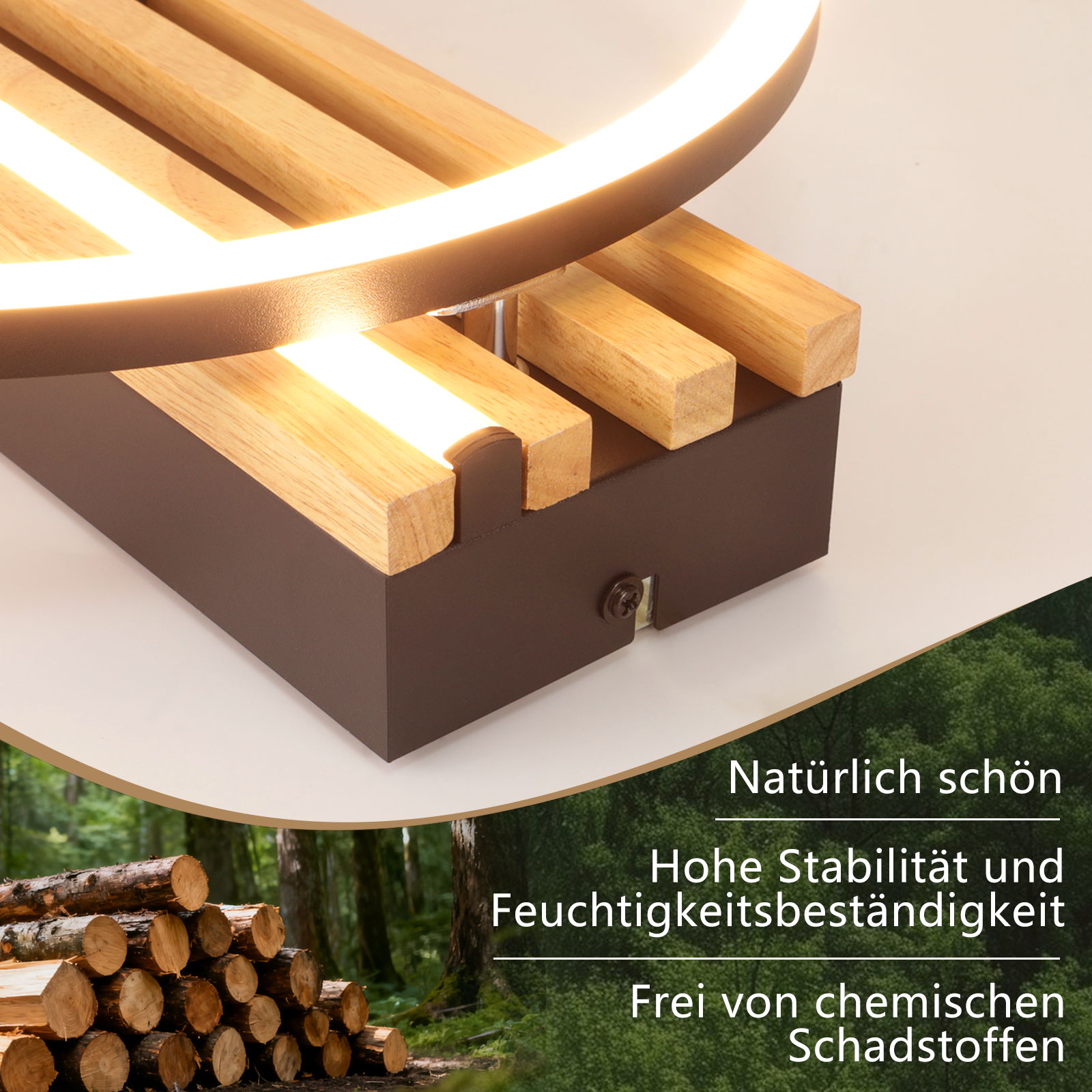 Lampada moderna con dettagli in legno e illuminazione a LED, nel bosco con catasta.
