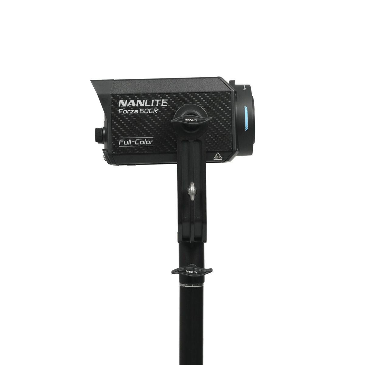 Ein schwarzes Nanlite Forza 60CR Vollfarb-LED-Licht ist auf einem schwarzen Ständer montiert.
