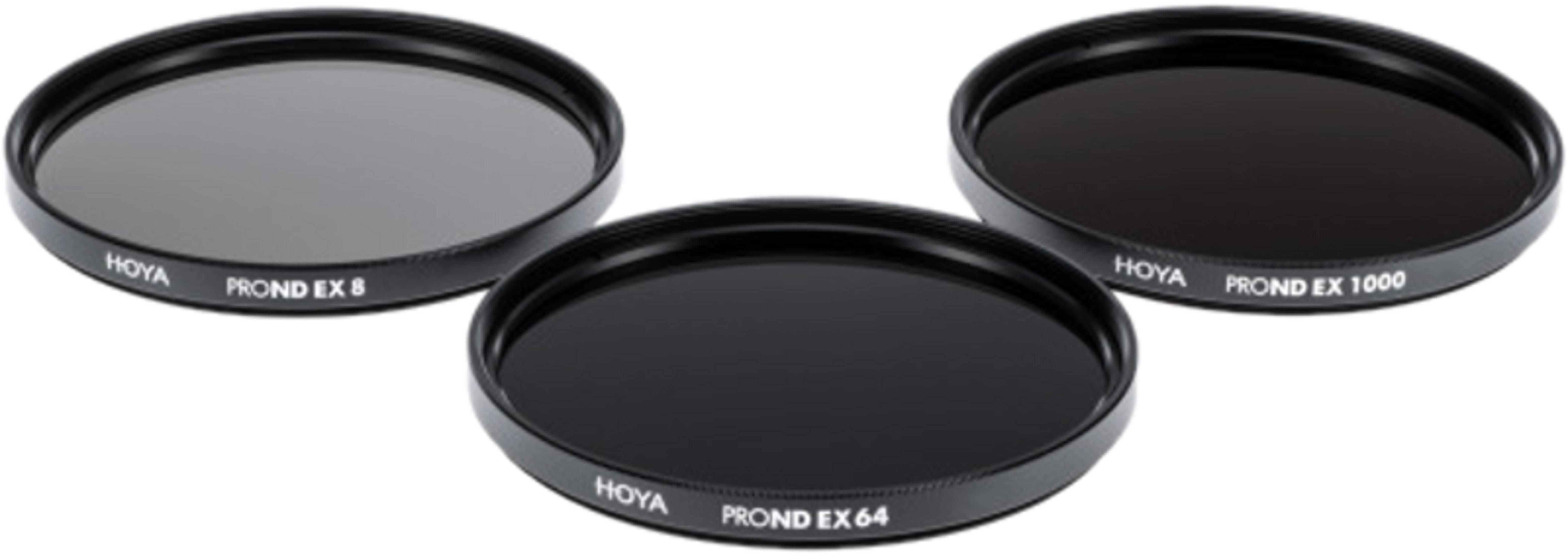 Drie Hoya PROND EX ND-filters (EX 8, EX 64, EX 1000) liggen naast elkaar.