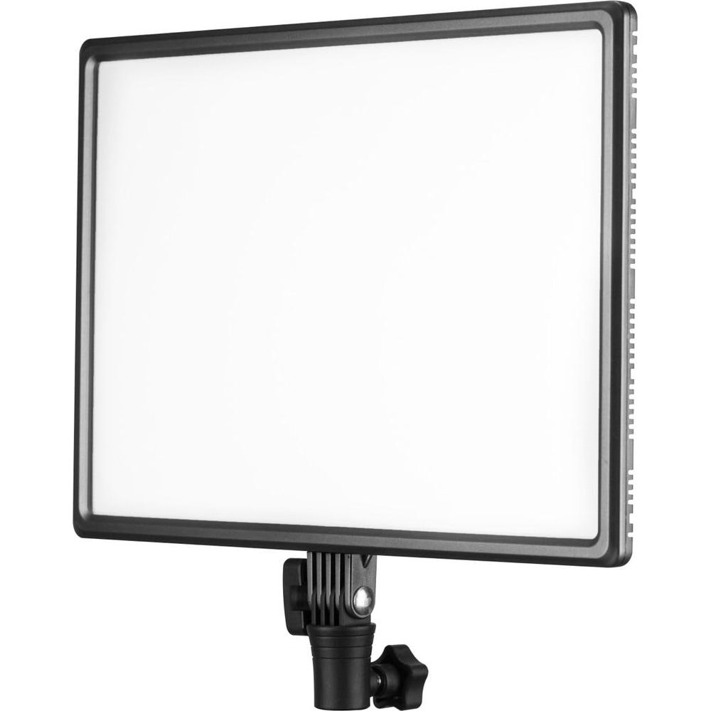 Een rechthoekig LED-paneel met zwart frame, gemonteerd op een statief.