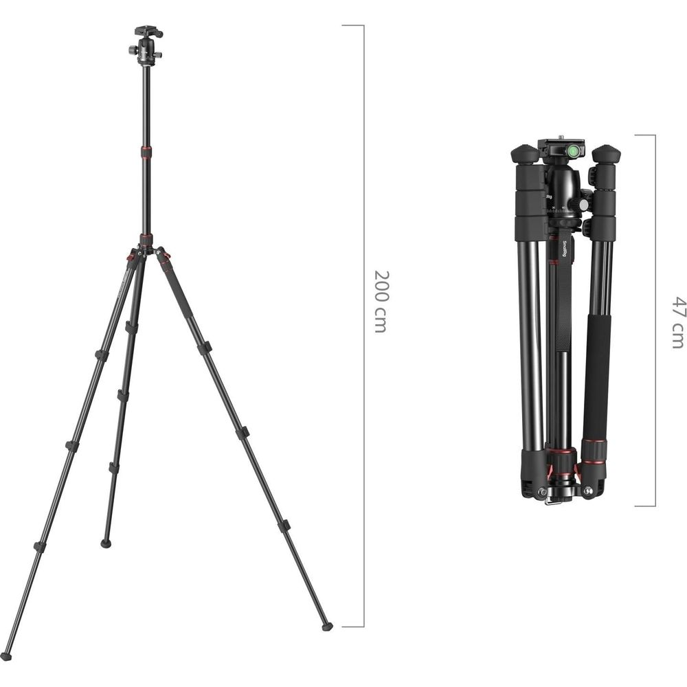 Ein ausgefahrener schwarzer Stativ mit roten Akzenten, 200 cm hoch, und ein zusammengeklapptes Stativ, 47 cm hoch.