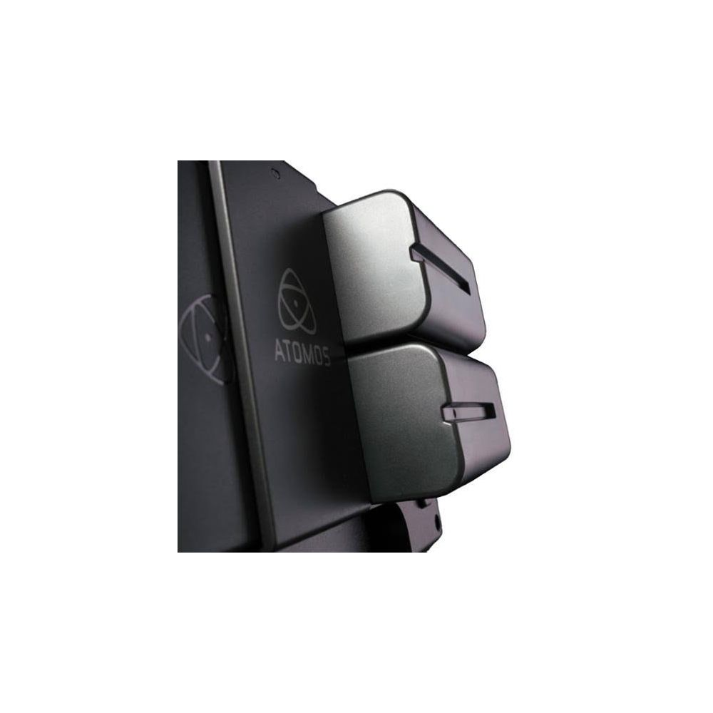 Dispositivo Atomos nero con due batterie rettangolari argentate attaccate al lato.