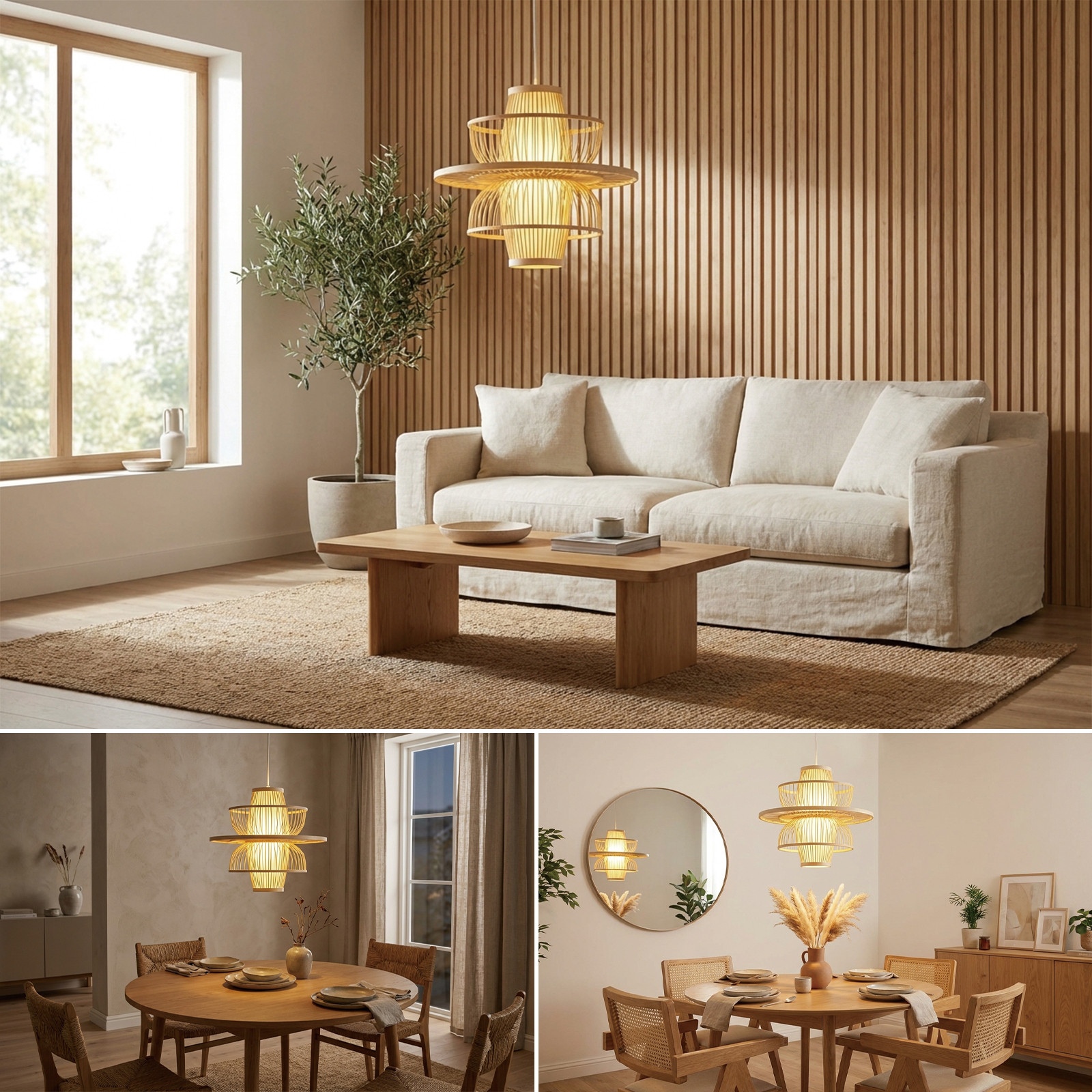 Una sala y un comedor con detalles de madera, un sofá y una mesa de comedor.