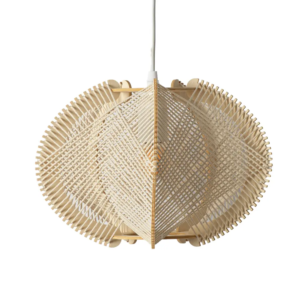 Lámpara colgante tejida con marco de madera y cable color crema, dosel blanco.