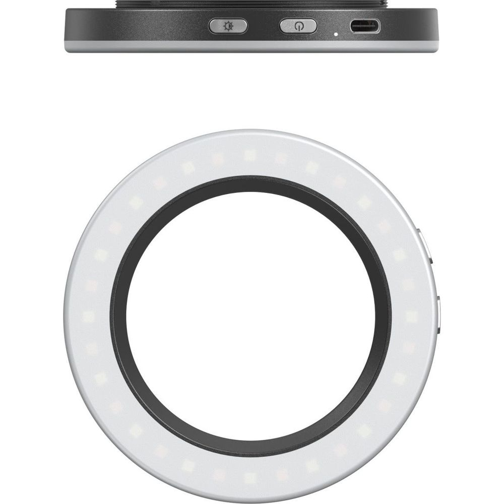 Un anneau lumineux et un appareil avec des boutons d'alimentation et de réglage.