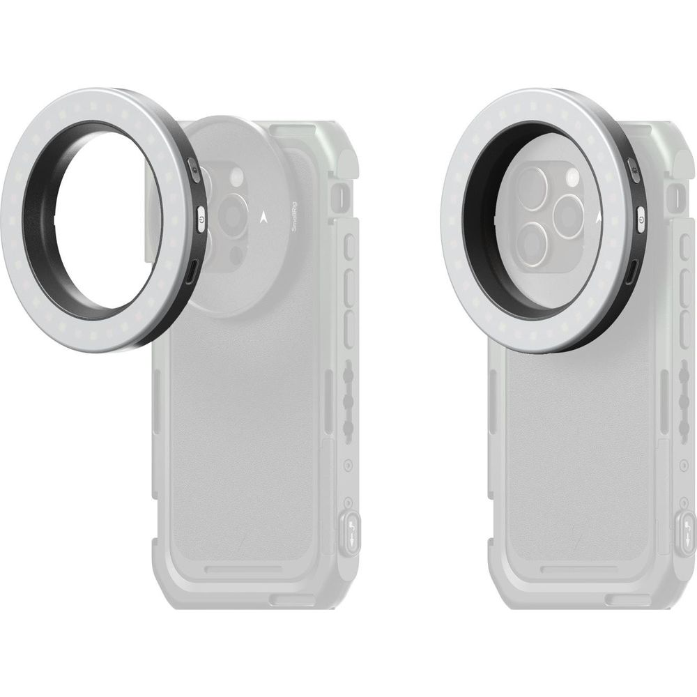 Deux iPhones avec des lumières annulaire : lumière annulaire gauche, lumière annulaire droite sur le téléphone.