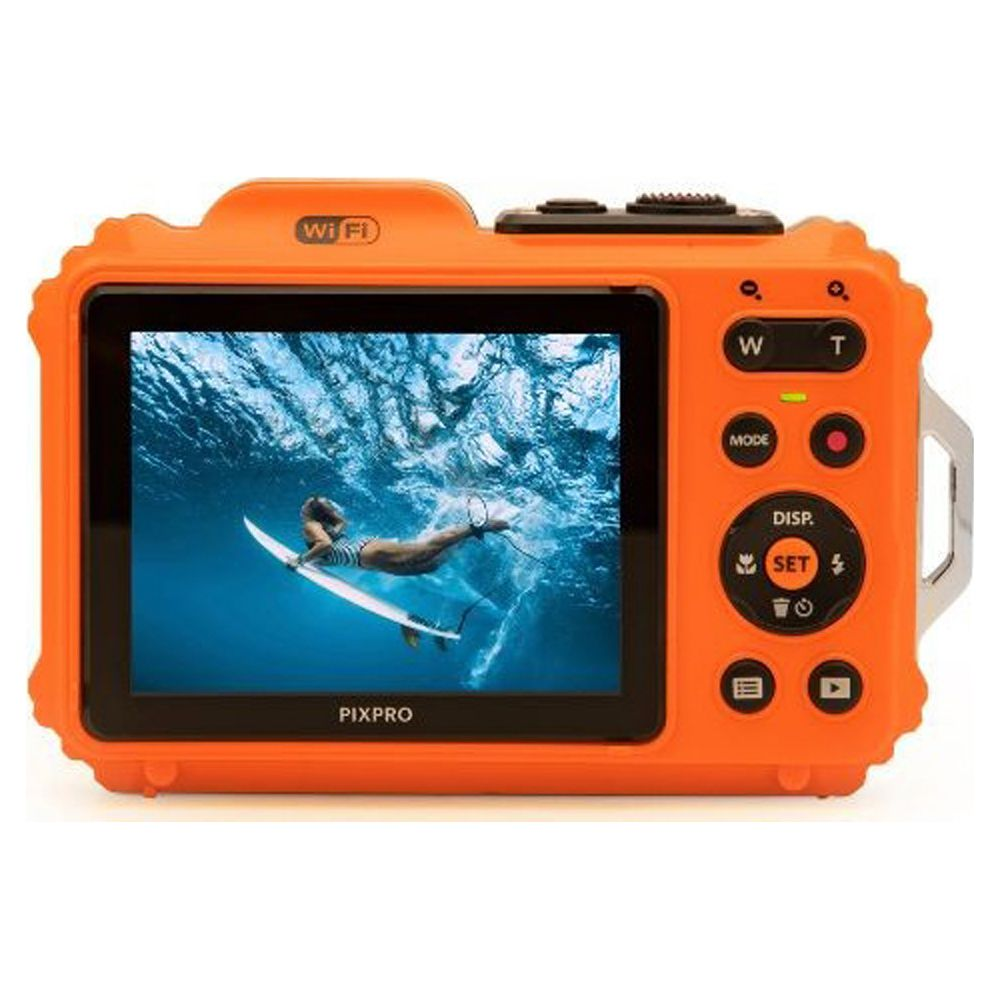 Orange wasserdichte Kamera zeigt Surfer auf Brett in blauem Ozeanwasser auf dem Bildschirm.