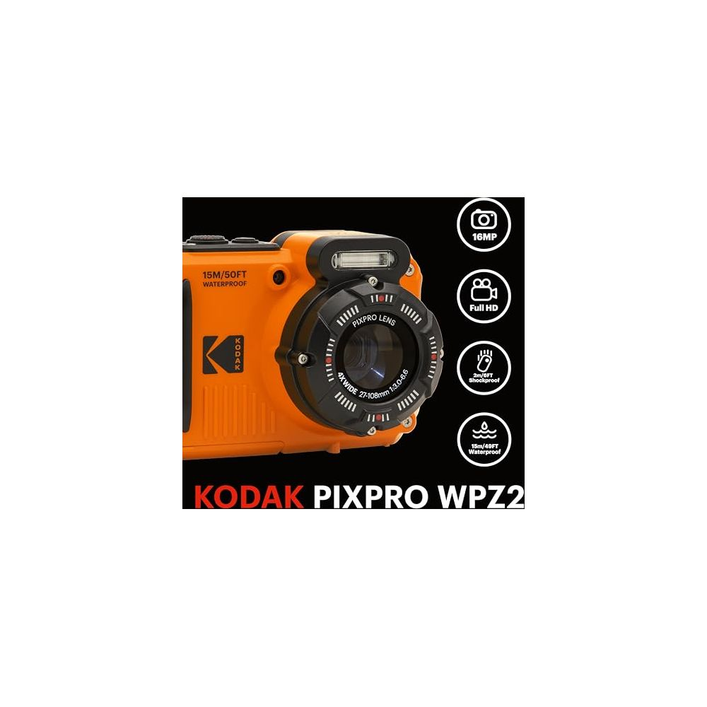 Orange Kodak Pixpro WPZ2 Kamera mit Objektiv und Symbolen für 16MP, Full HD, stoßfest, wasserdicht.