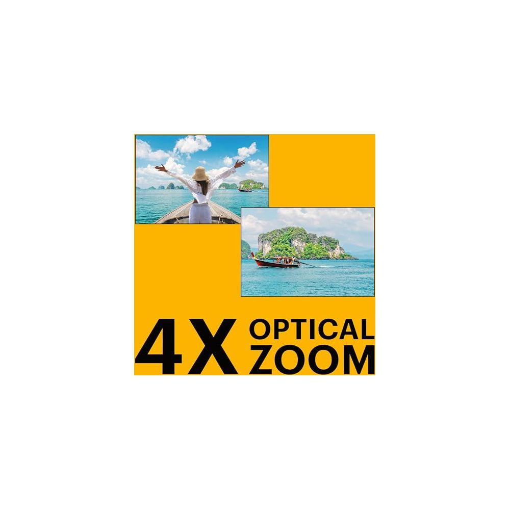 Frau im Boot mit offenen Armen, Insel und 4x optischer Zoom.