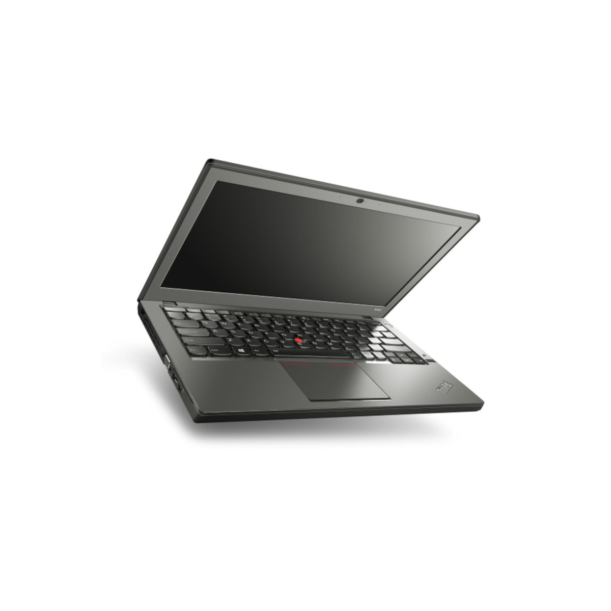 Ein geöffneter, dunkler Laptop mit schwarzer Tastatur und rotem Trackpoint.