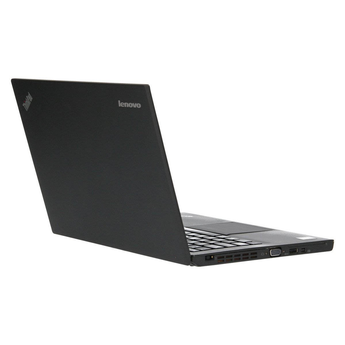 Schwarzer Lenovo ThinkPad Laptop, geöffnet, mit Tastatur und Anschlüssen auf der rechten Seite.