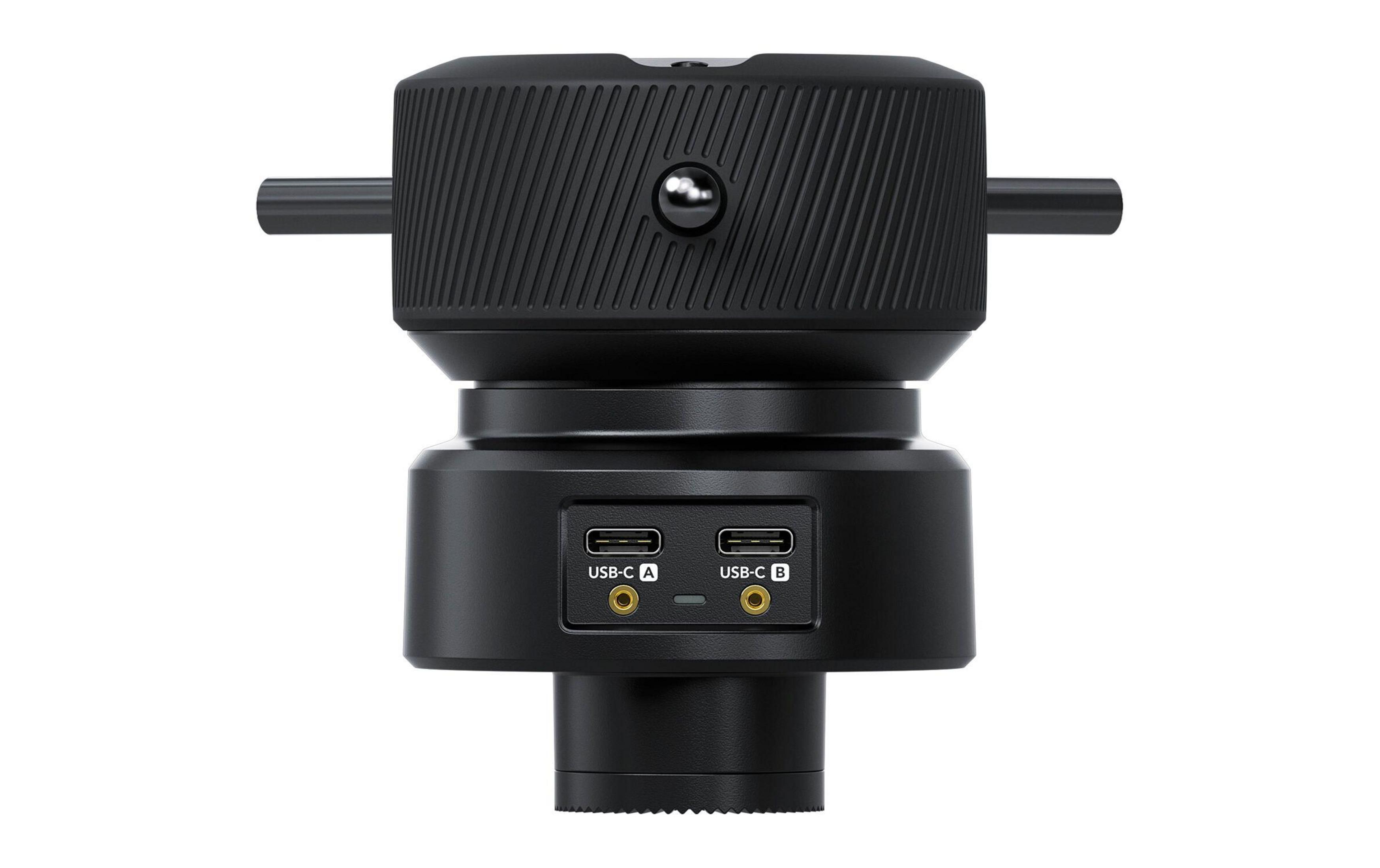 Tête de cardan noire avec ports USB-C et moletage.