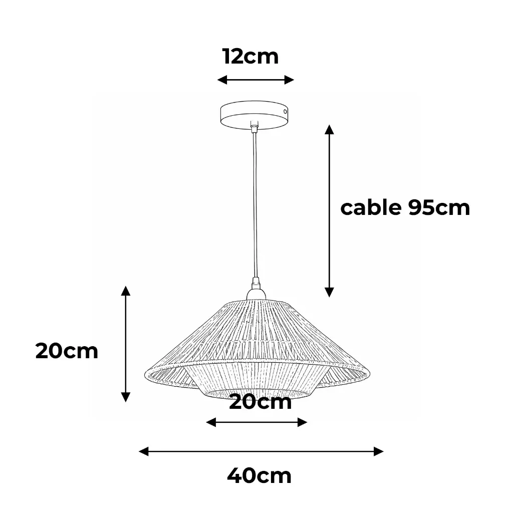 Dibujo lineal de una lámpara colgante con dimensiones: dosel 12cm, cable 95cm, altura 20cm, ancho 40cm.