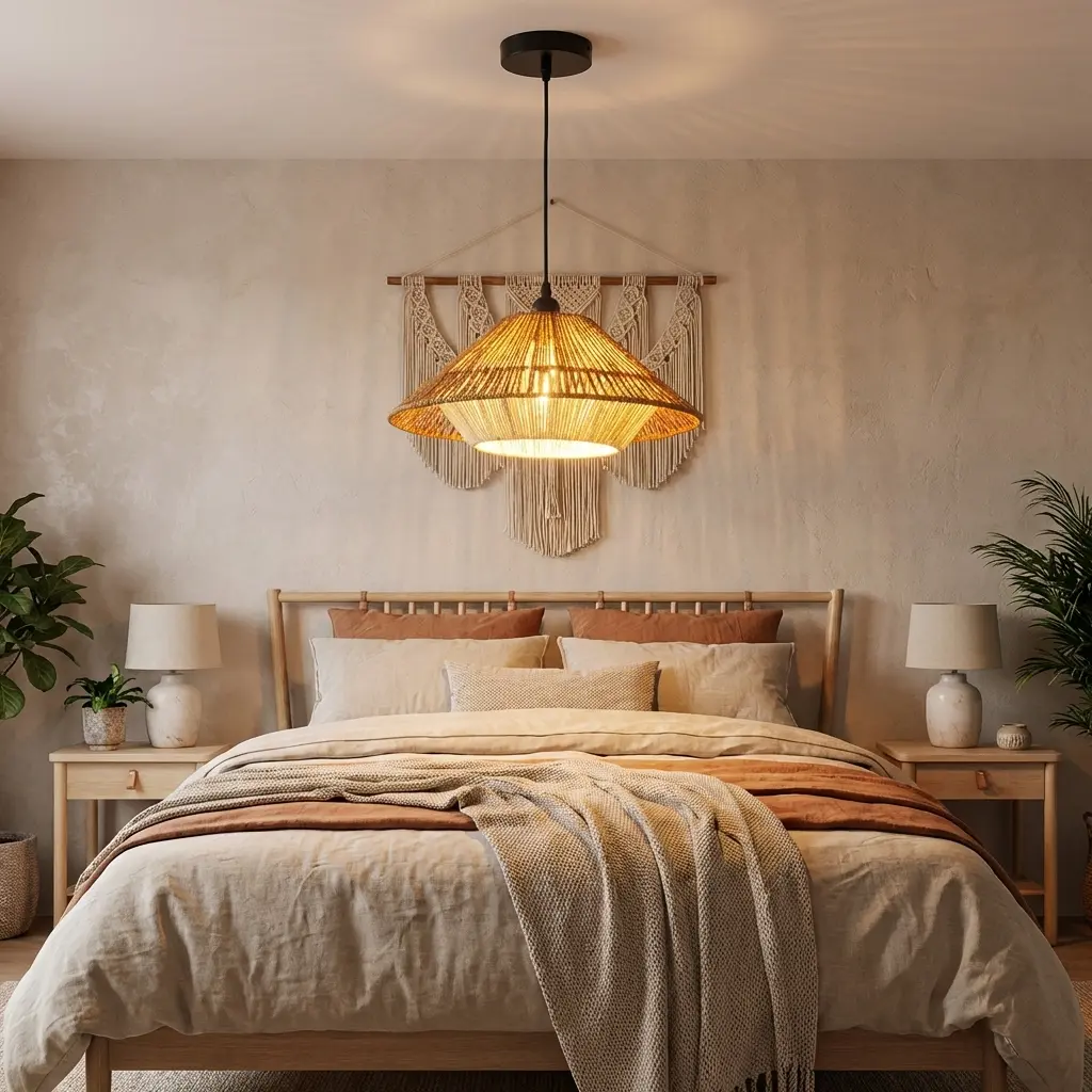 Dormitorio bohemio con lámpara colgante tejida, tapiz de macramé y cama acogedora.
