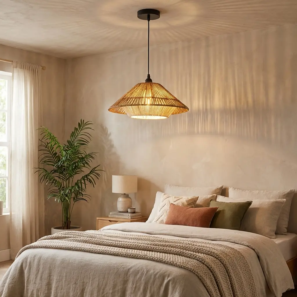 Un dormitorio con una cama mullida, una lámpara colgante tejida y una planta en maceta.