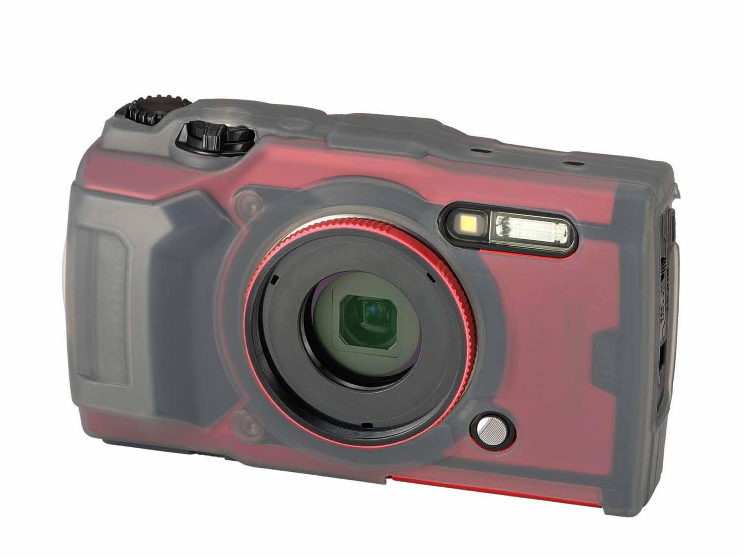 Una fotocamera digitale rossa e grigia con custodia protettiva, vista frontale.