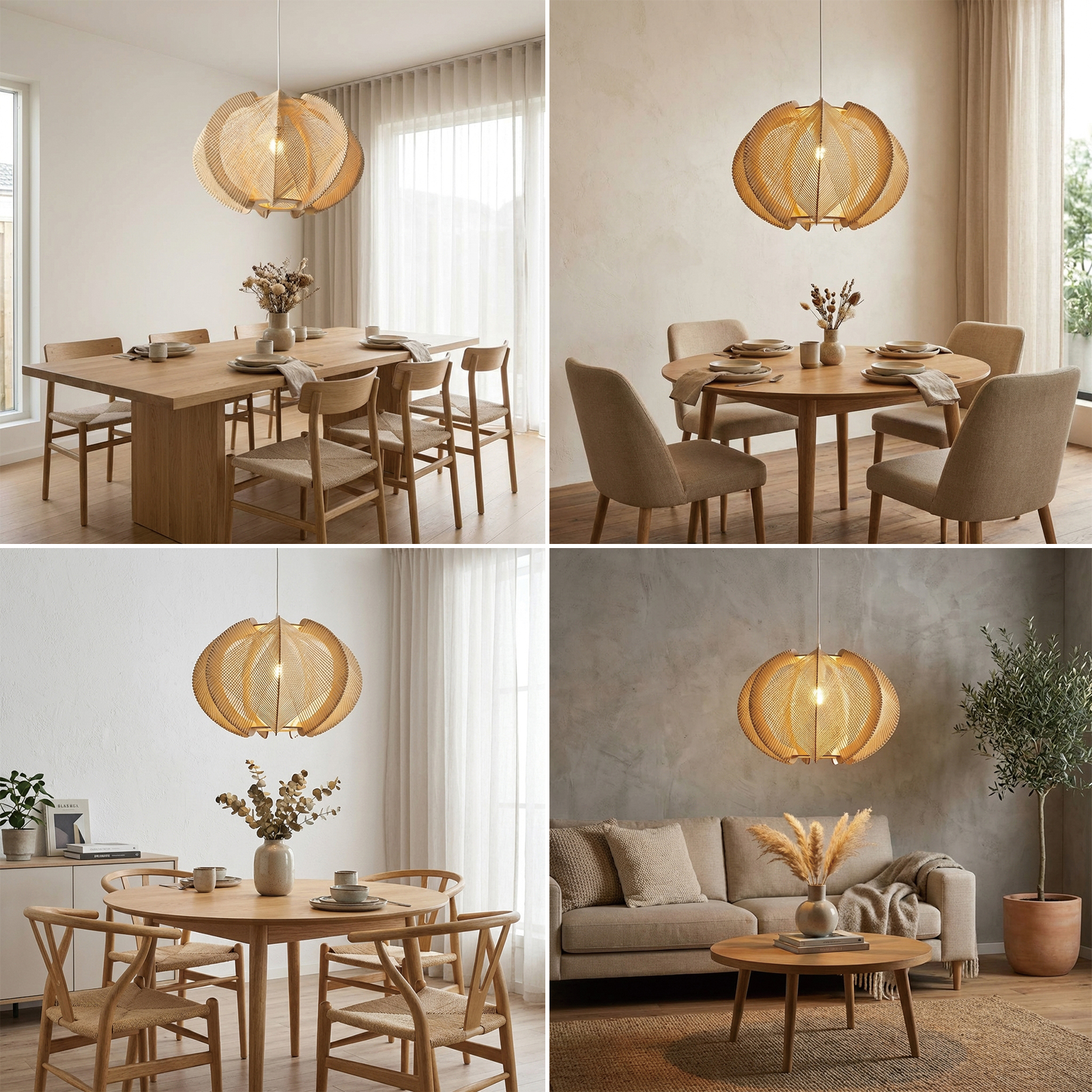 Un comedor con mesa y sillas de madera, iluminado por una lámpara colgante.