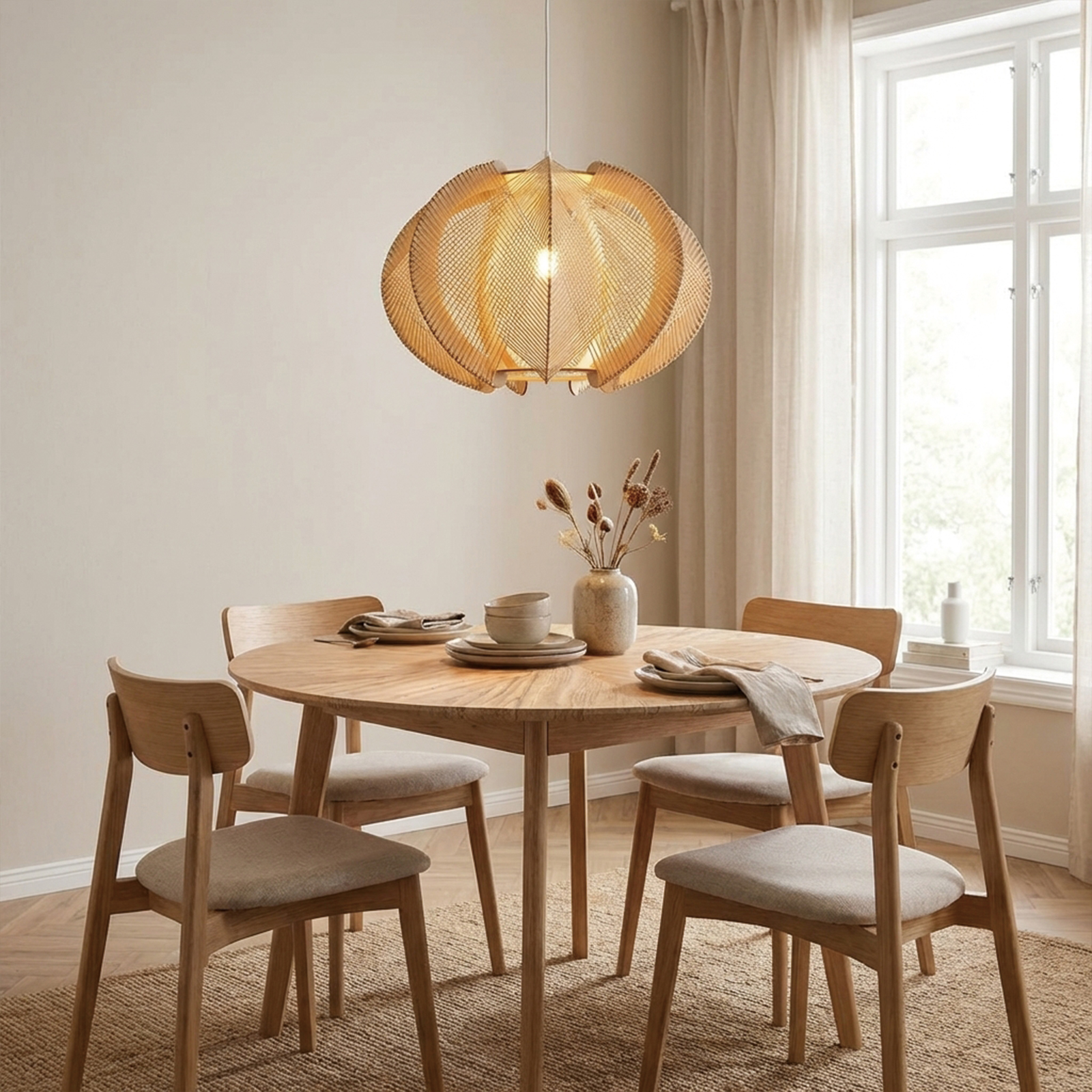 Una mesa redonda de madera con cuatro sillas, iluminada por una lámpara colgante.