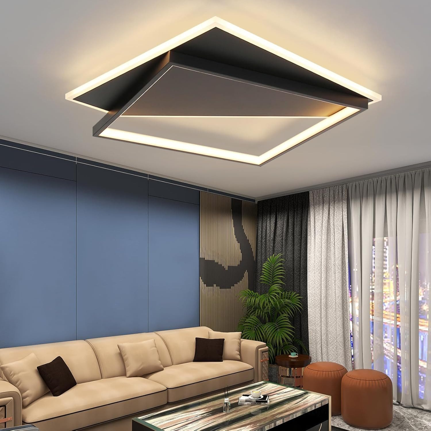 Soggiorno moderno con divano beige, tavolino, pouf arancioni e lampadario astratto.