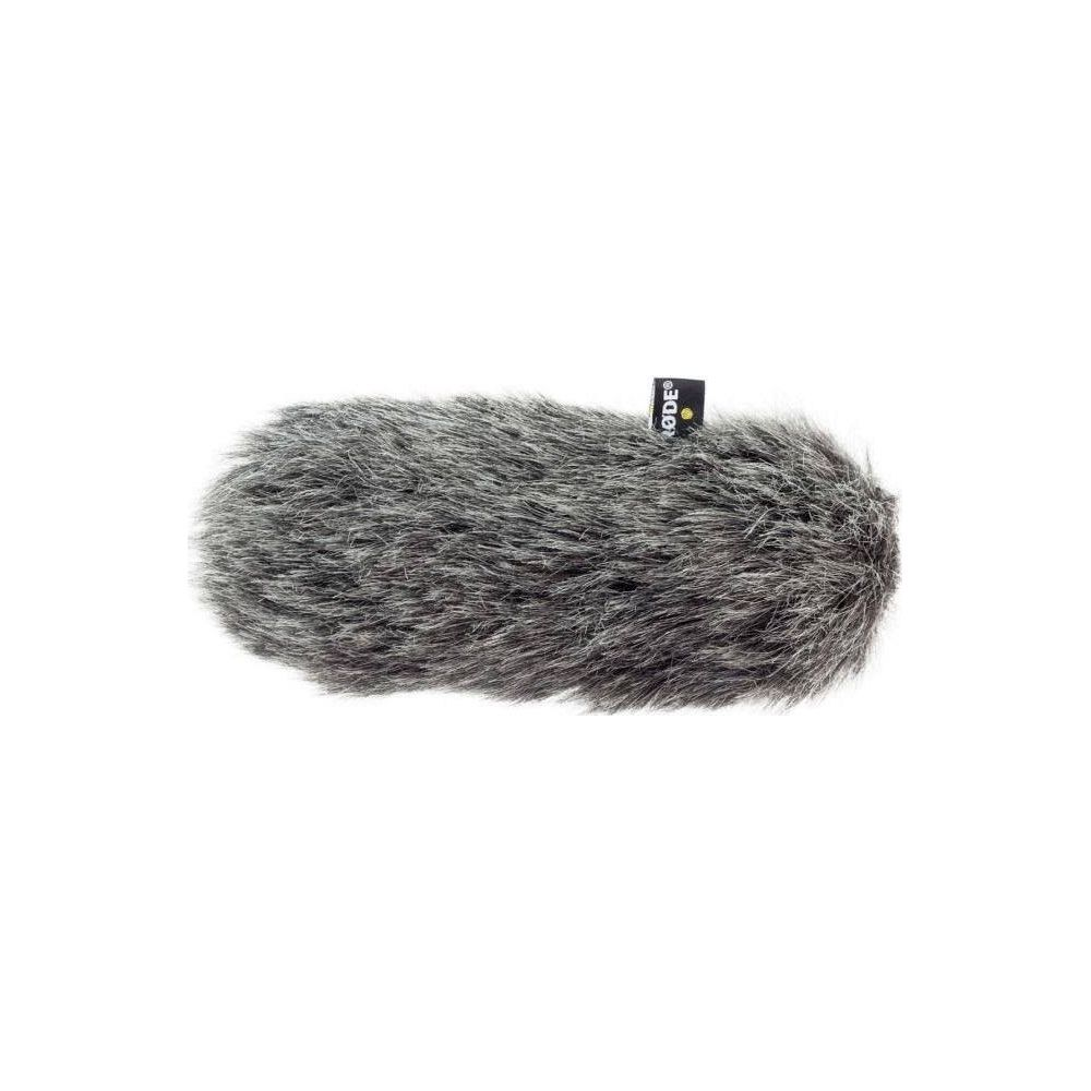 Bonnette anti-vent en fourrure grise pour micro, étiquette noire.