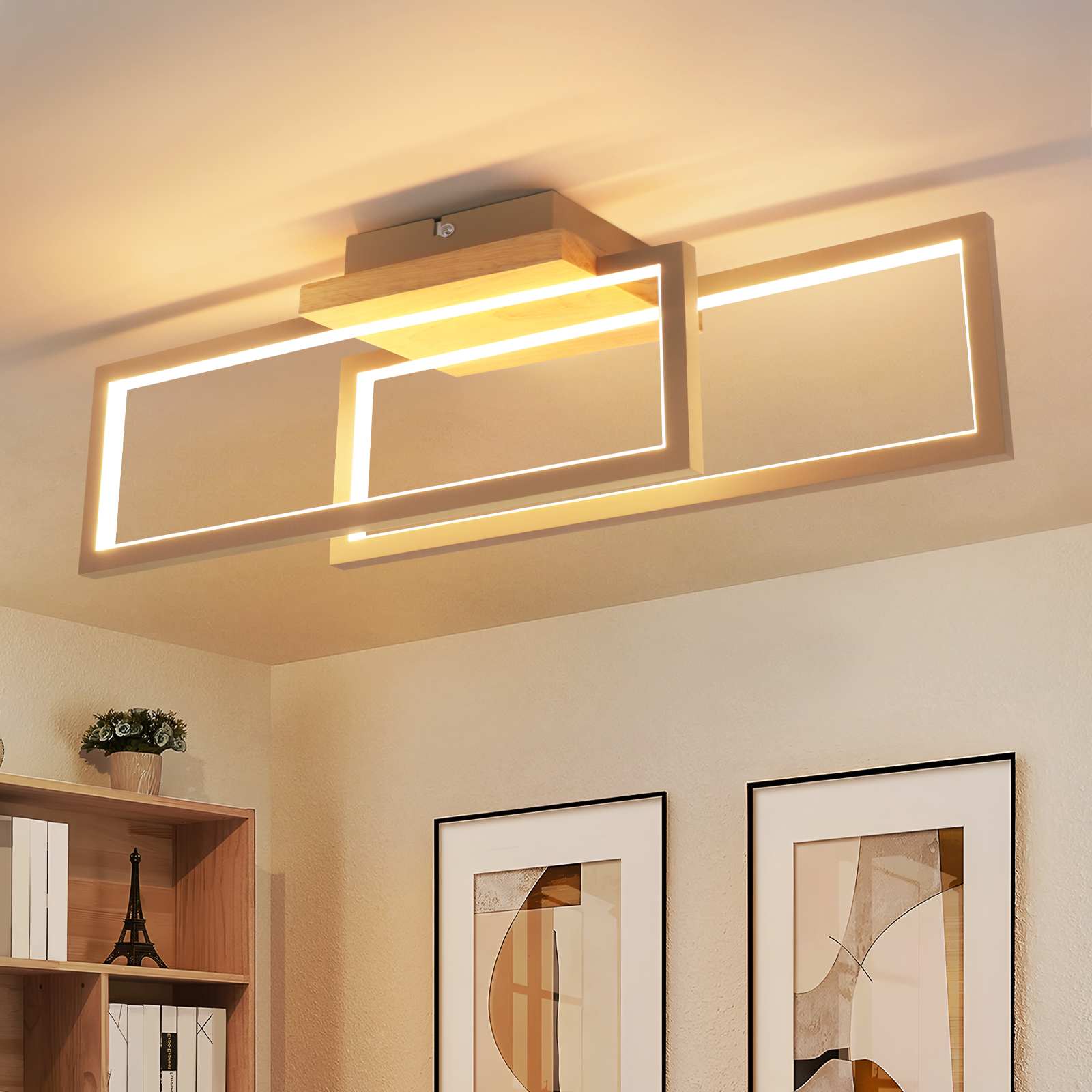 Plafoniera moderna in legno con due cornici rettangolari sovrapposte e illuminazione LED.