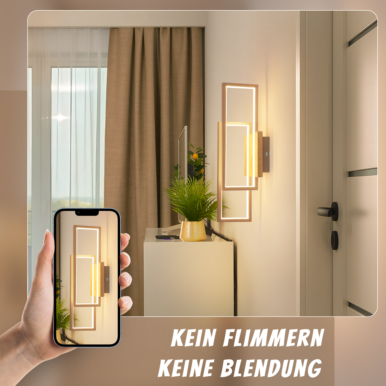 Lampada da parete moderna con legno e illuminazione LED, mostrata su smartphone.