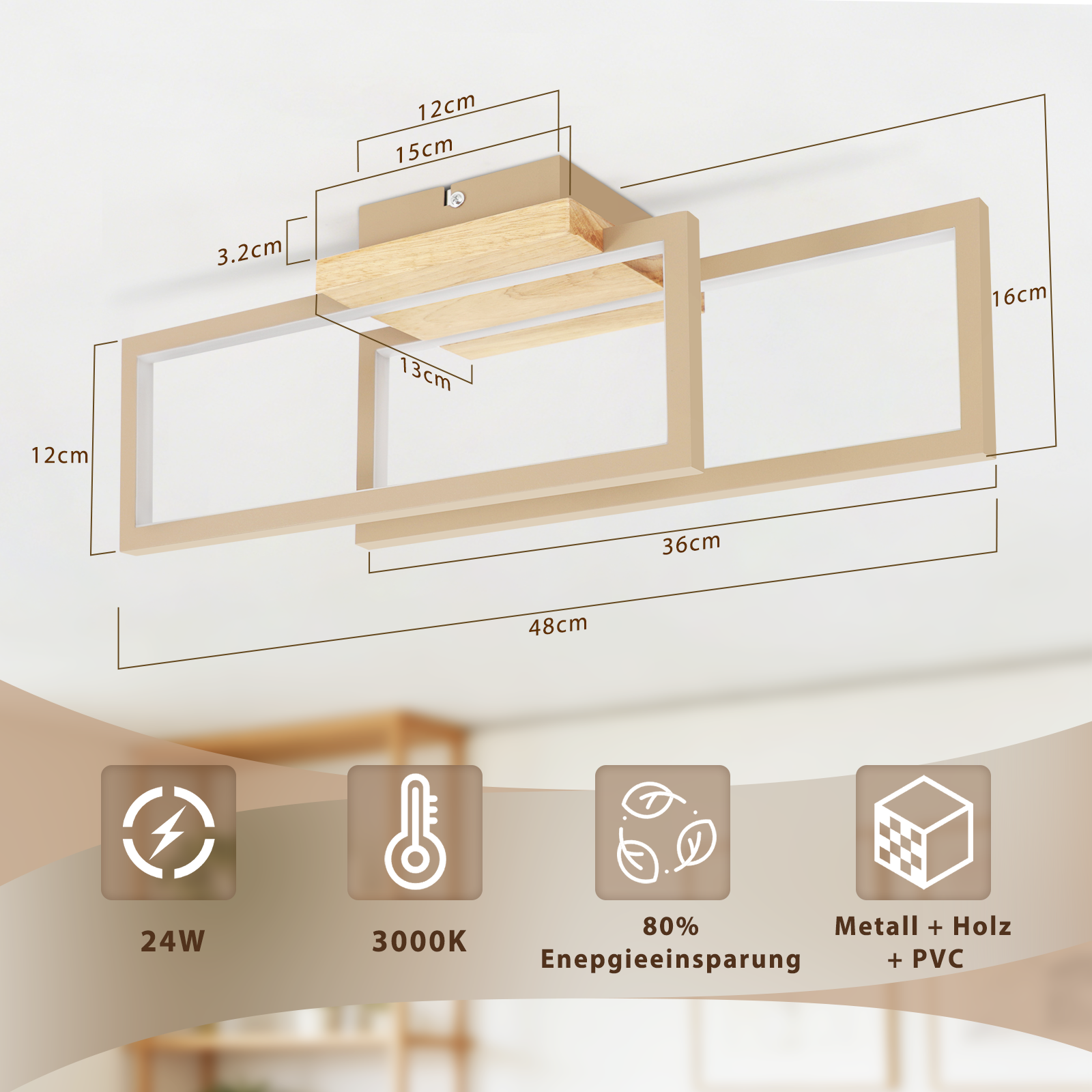 Lampada da soffitto legno e metallo, 48x36cm, 24W, 3000K, risparmio energetico.