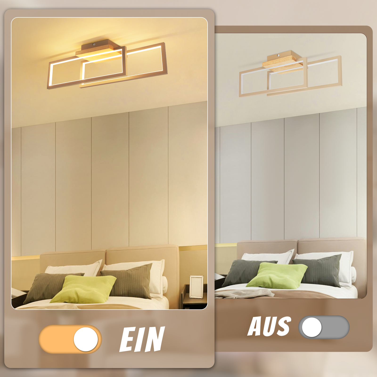 Plafoniera moderna con cornice in legno sopra un letto. Sinistra ACCESA, destra SPENTA.