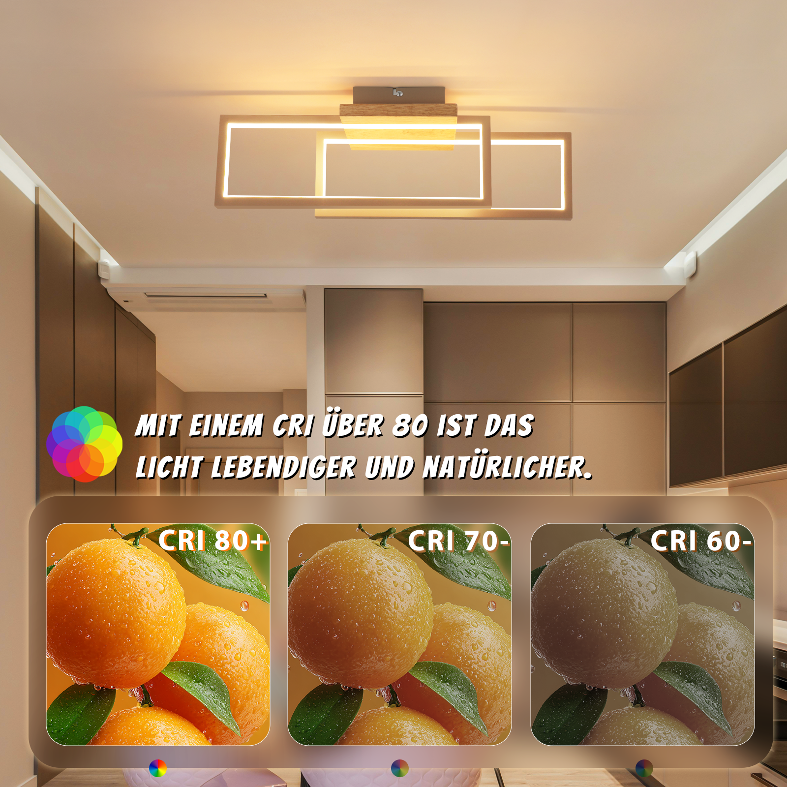 Lampada da soffitto con dettagli in legno e anelli rettangolari. Arance con CRI 80+, 70-, 60-.