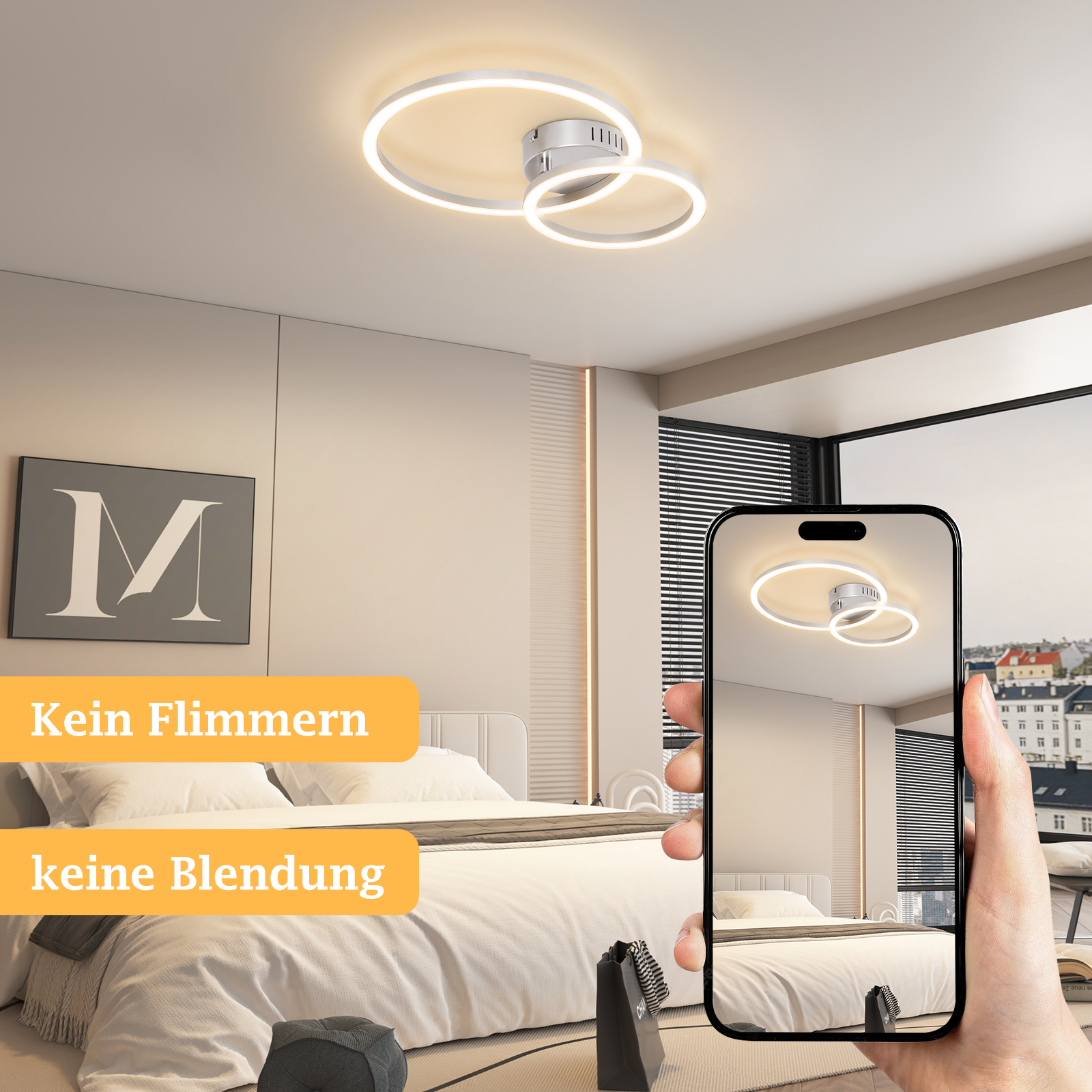 Camera da letto moderna con lampada ad anello, letto e foto del lampadario su telefono.