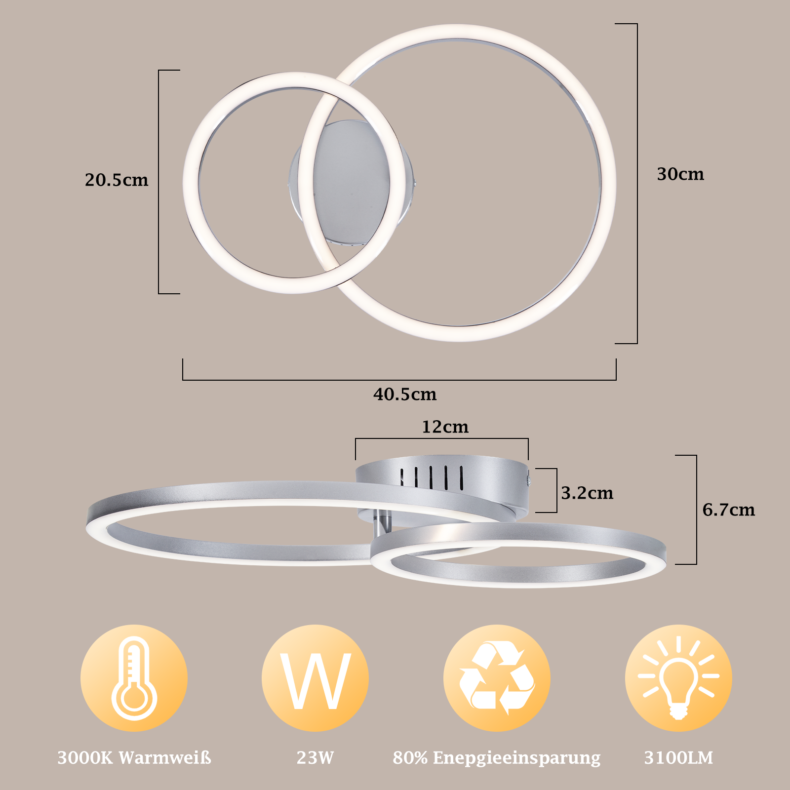 Lampada da soffitto moderna con due anelli intrecciati, dimensioni e specifiche mostrate.