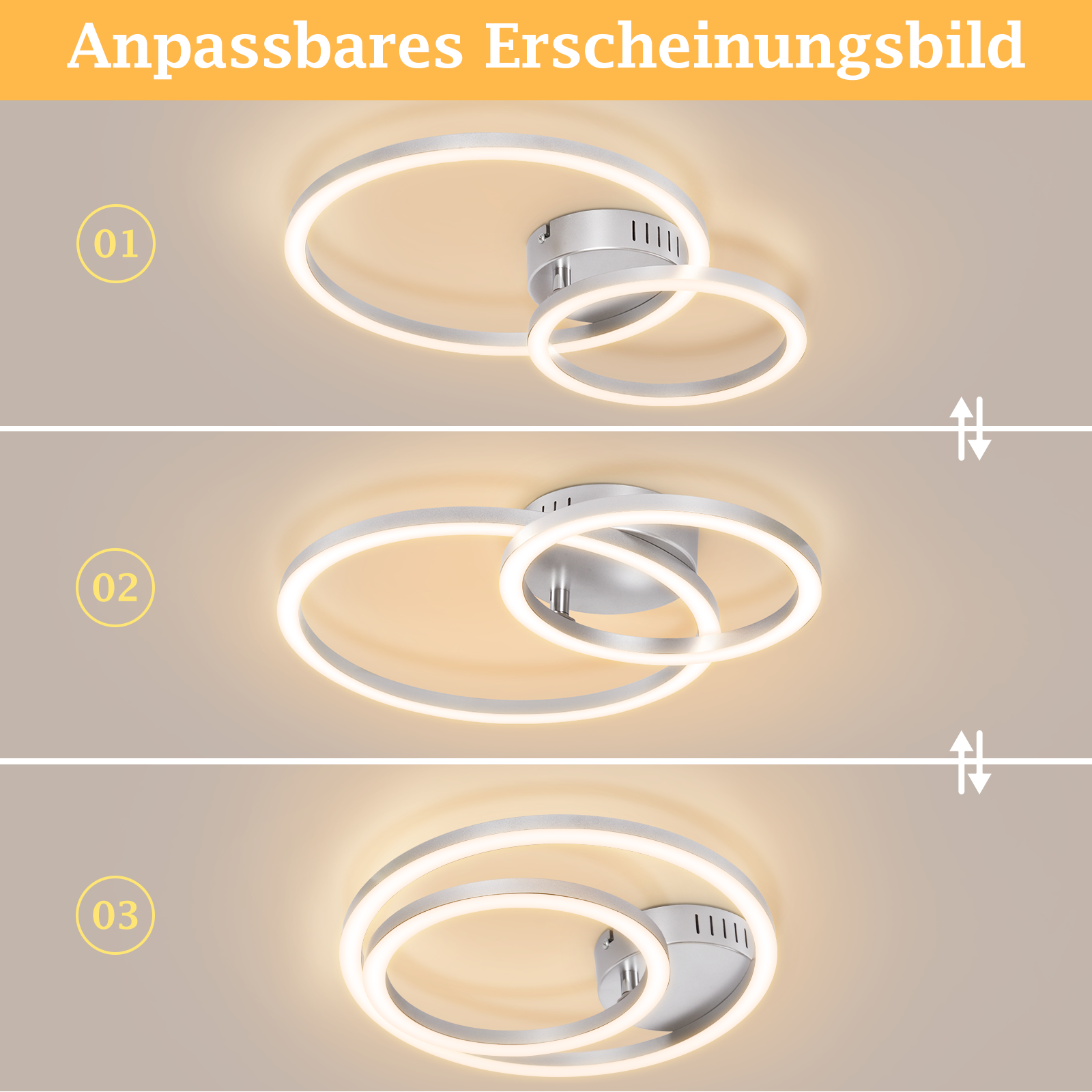 Plafoniera moderna con due anelli interconnessi, illuminata.