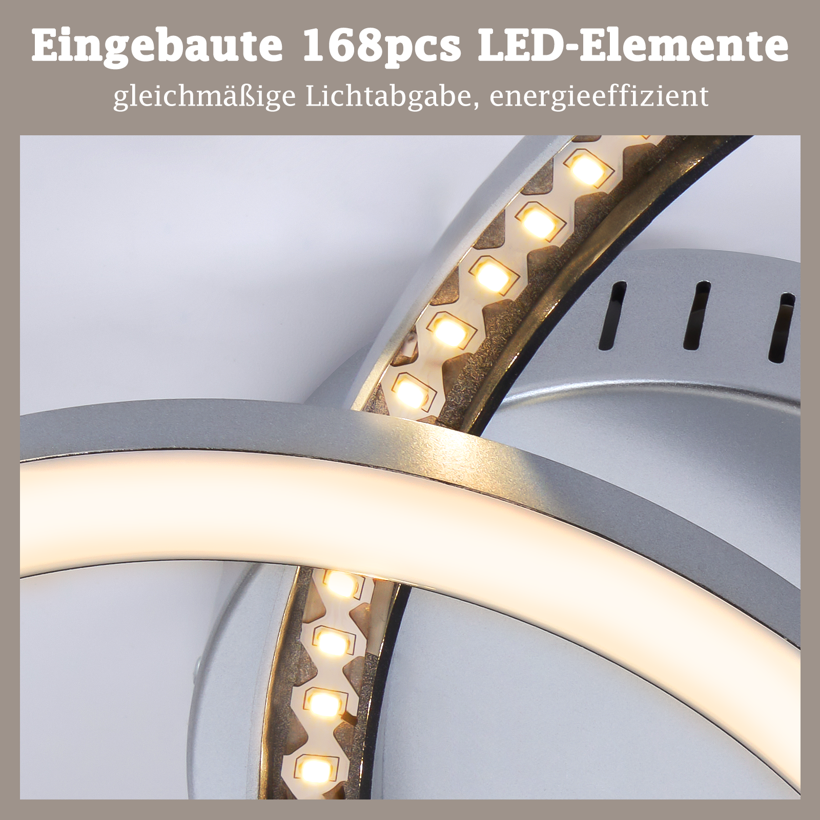 Primo piano di una lampada moderna con strisce LED e anelli argentati.