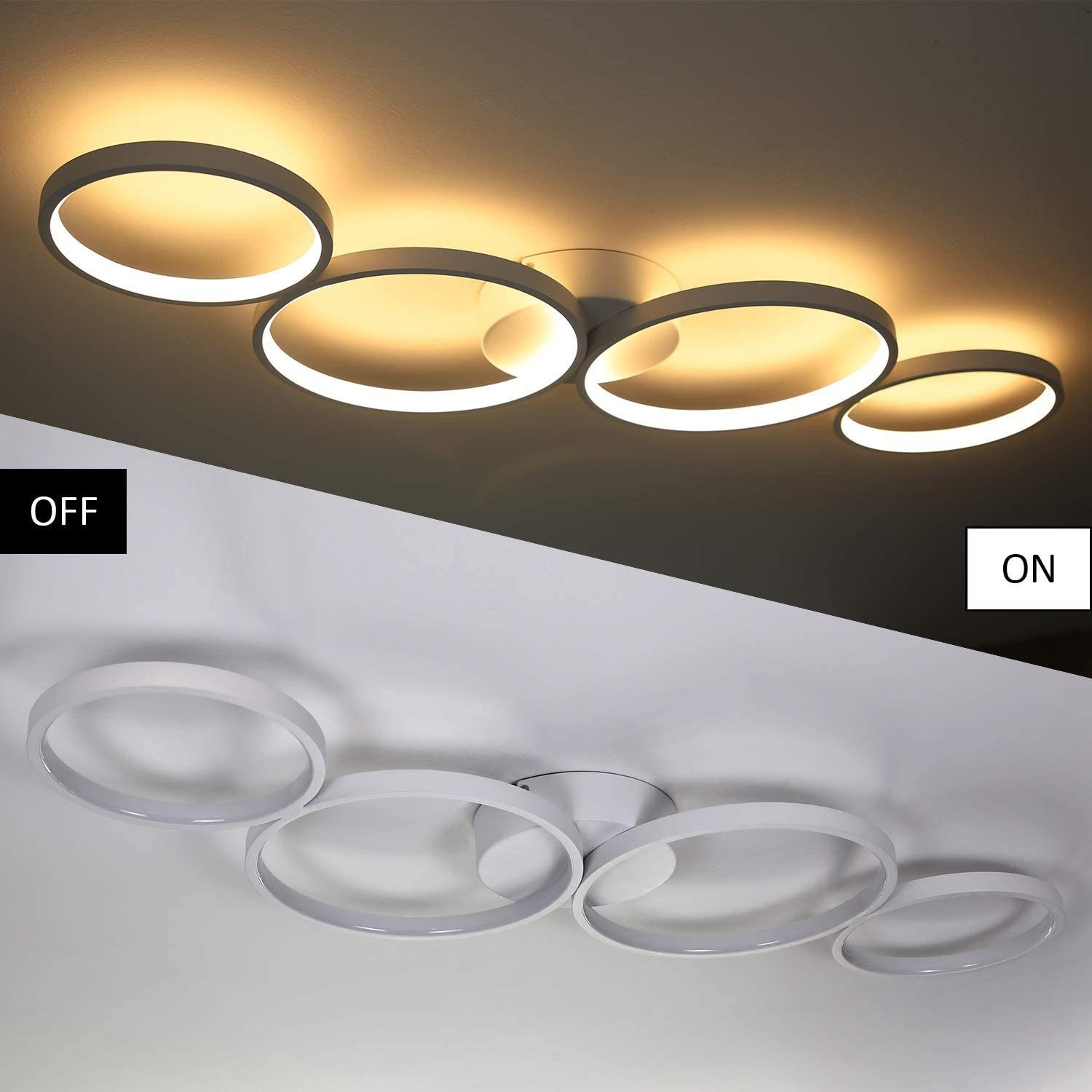 Lampada da soffitto a quattro anelli, accesa e spenta, con etichette 'OFF' e 'ON'.