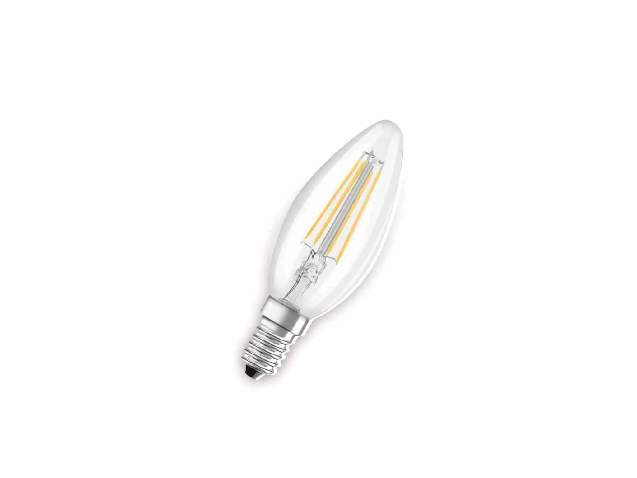 Klare Kerzenlampe mit silbernem Sockel und sichtbaren Filamenten.
