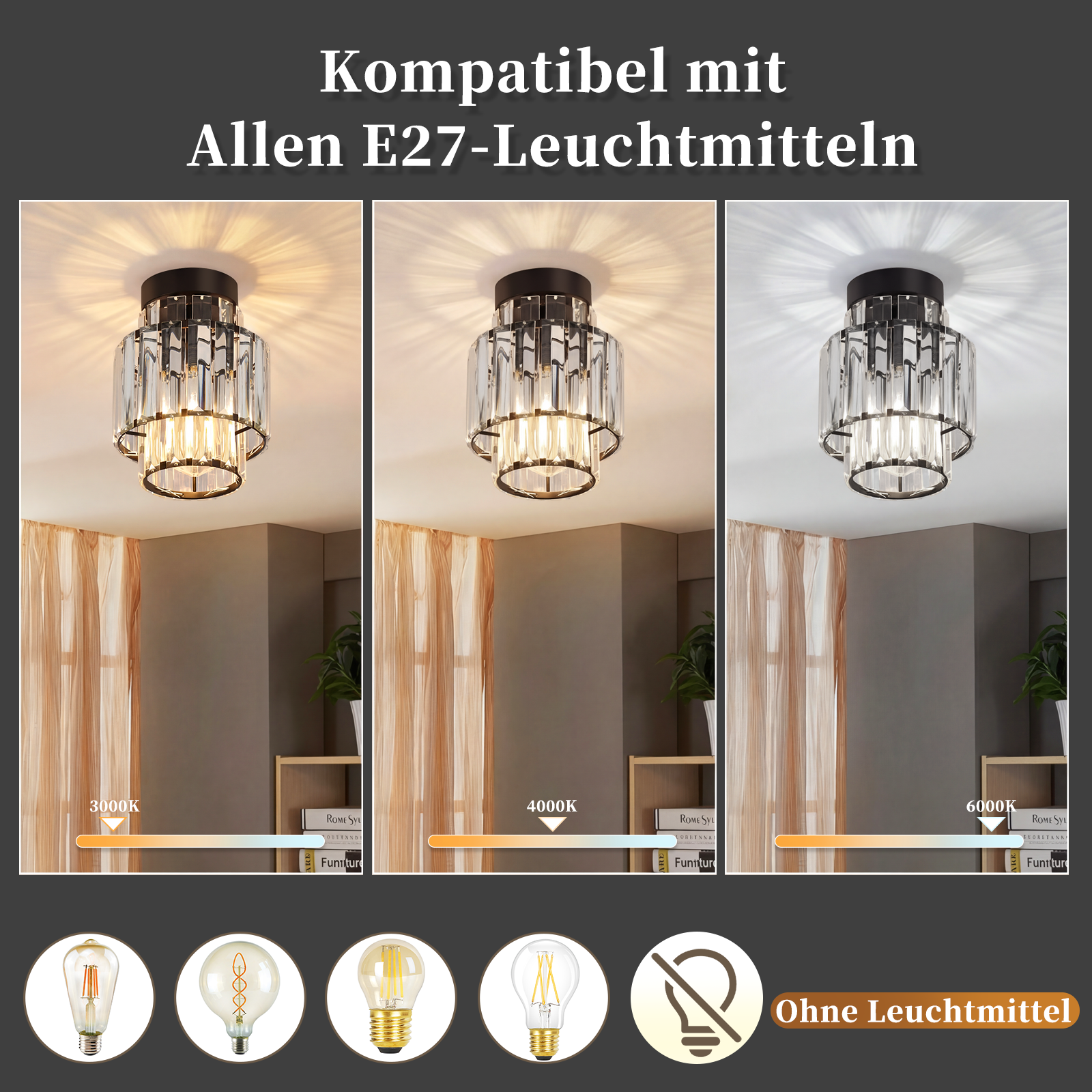 Lampada da soffitto con cristalli, tre colori di luce (3000K, 4000K, 6000K).