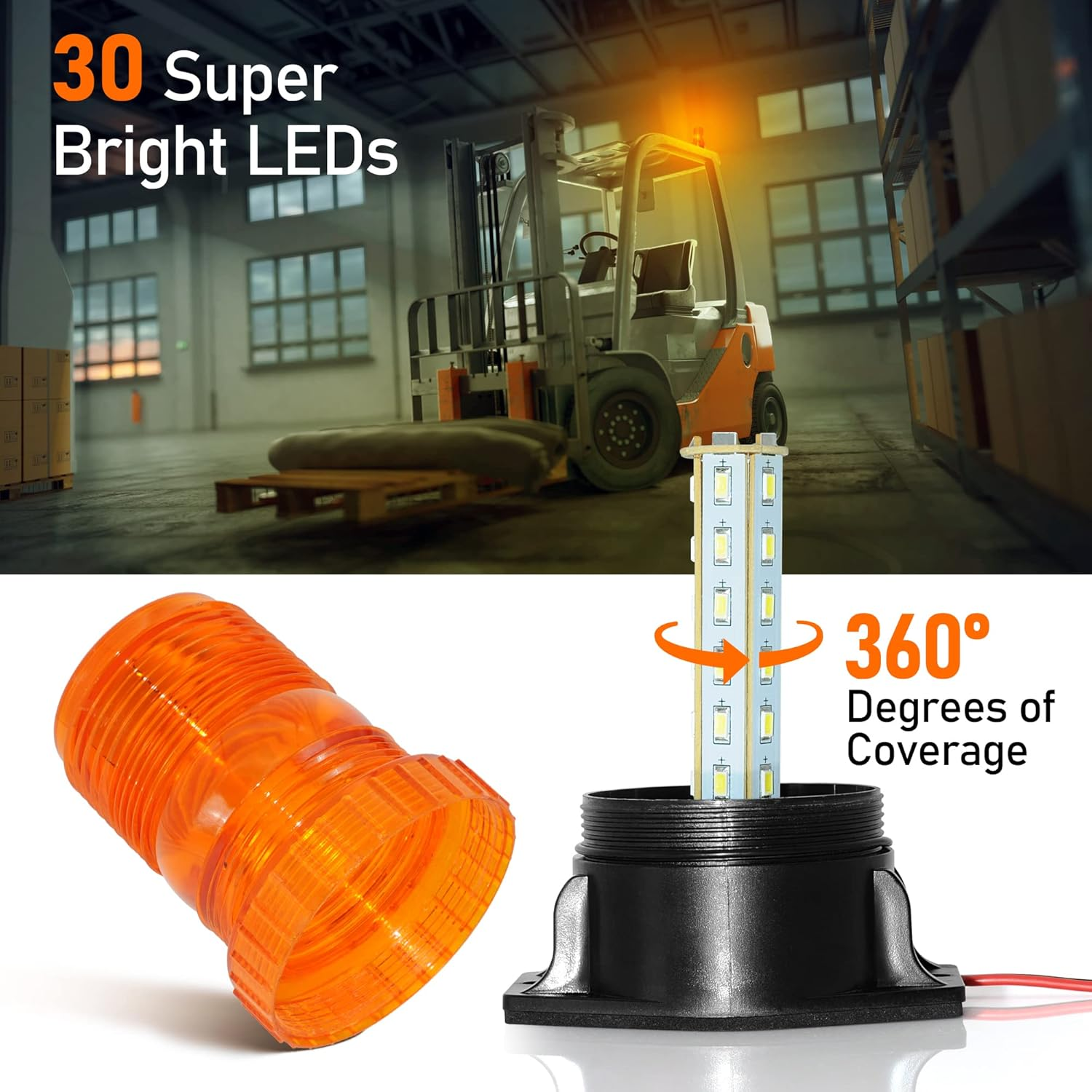 Ein Gabelstapler in einem Lager mit dem Text '30 Super Bright LEDs'.