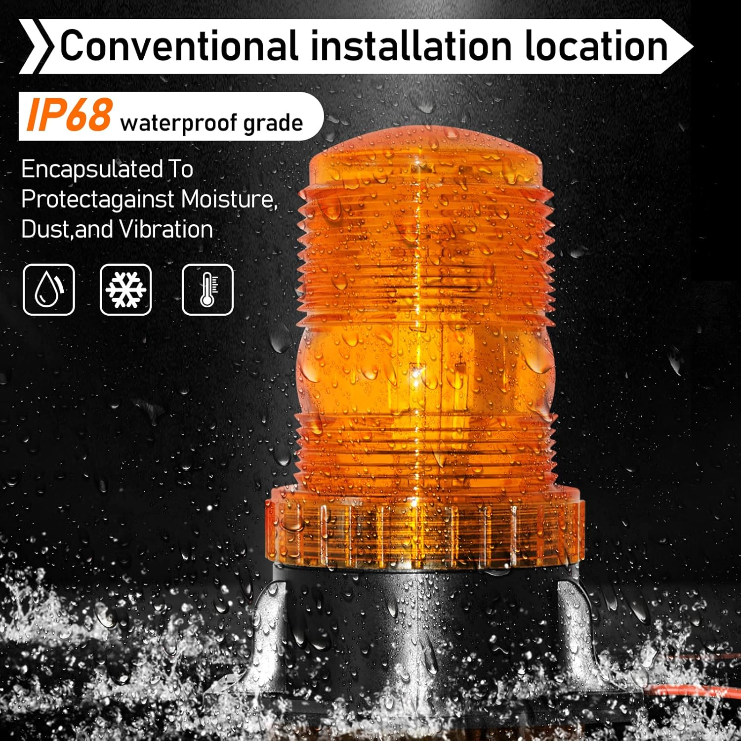 Orange Warnleuchte mit IP68-Schutz, gegen Feuchtigkeit, Staub und Vibration.