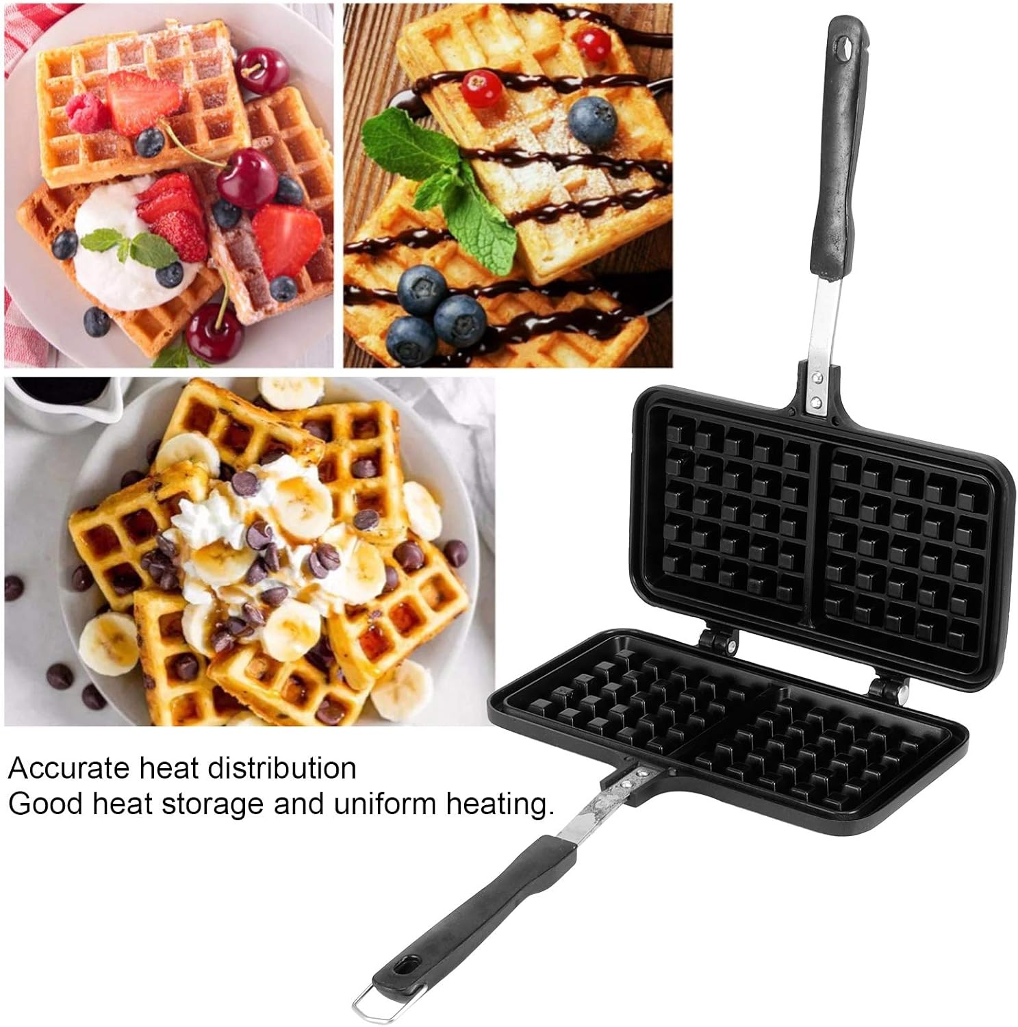 Ein offener Waffelbackautomat mit zwei Grillflächen, daneben drei Teller mit Waffeln.