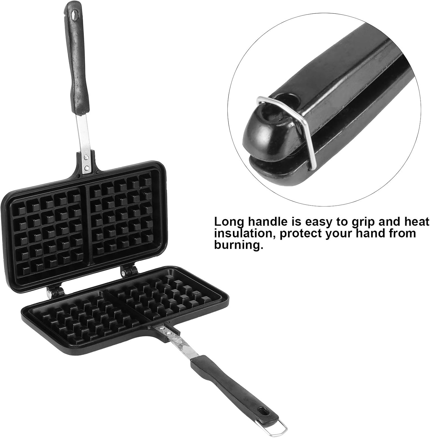 Schwarze Waffelform mit langem Griff, offen.