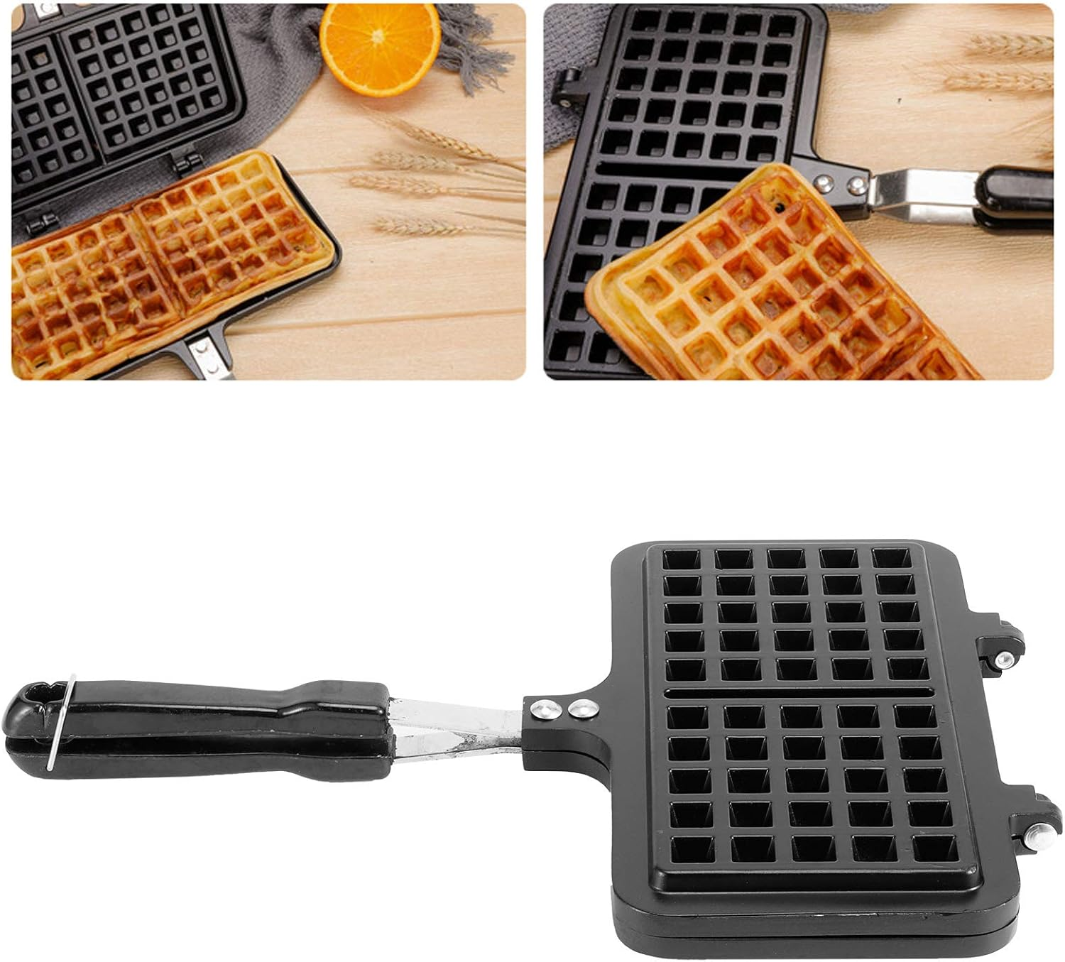 Ein Waffeleisen mit zwei Waffeln, ein halber Orange und Weizenähren.