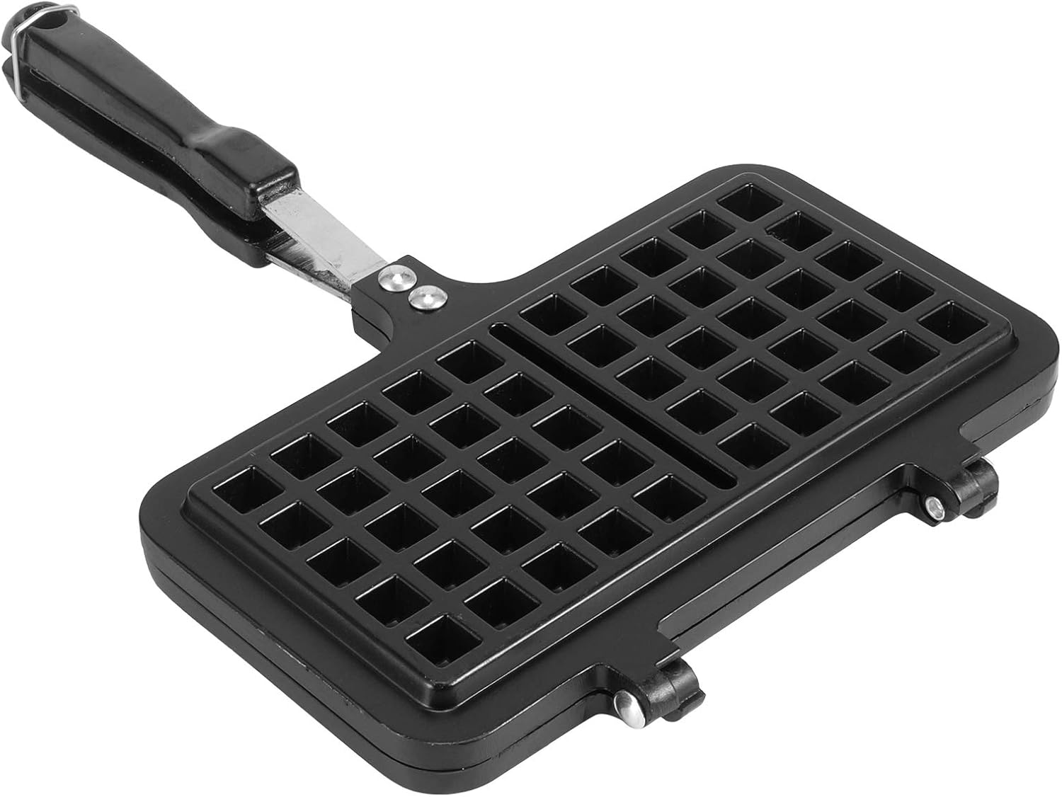 Ein schwarzes, quadratisches Waffeleisen mit schwarzem Griff ist auf weißem Hintergrund abgebildet.