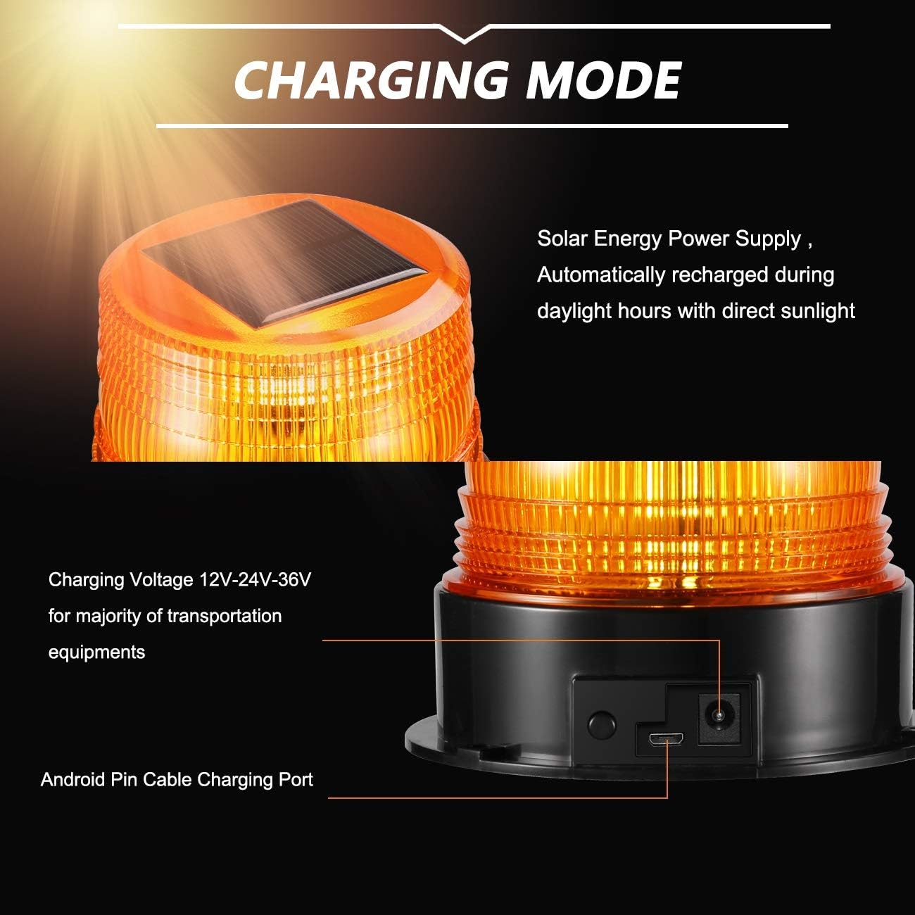Orange Warnleuchte mit Solarpanel und Ladeanschlüssen. Lädt bei Sonnenlicht.