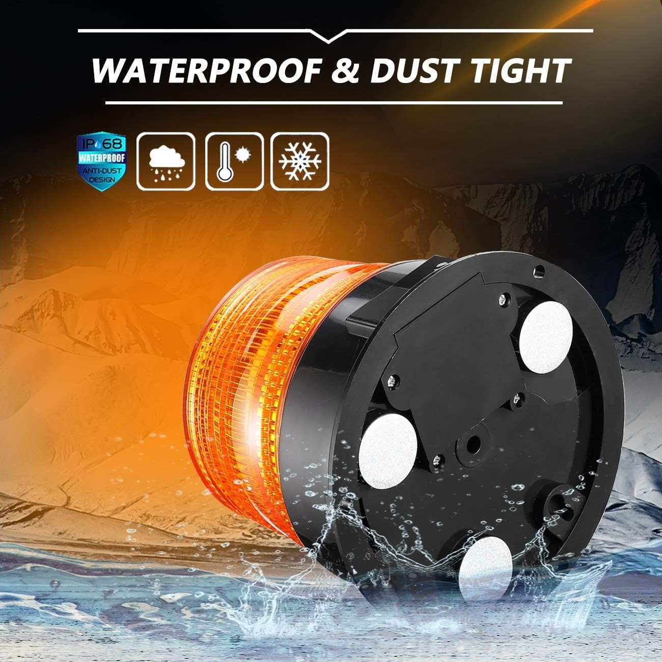 Eine orangefarbene Warnleuchte mit Magnetfuß, die Wasser und Schnee widersteht.