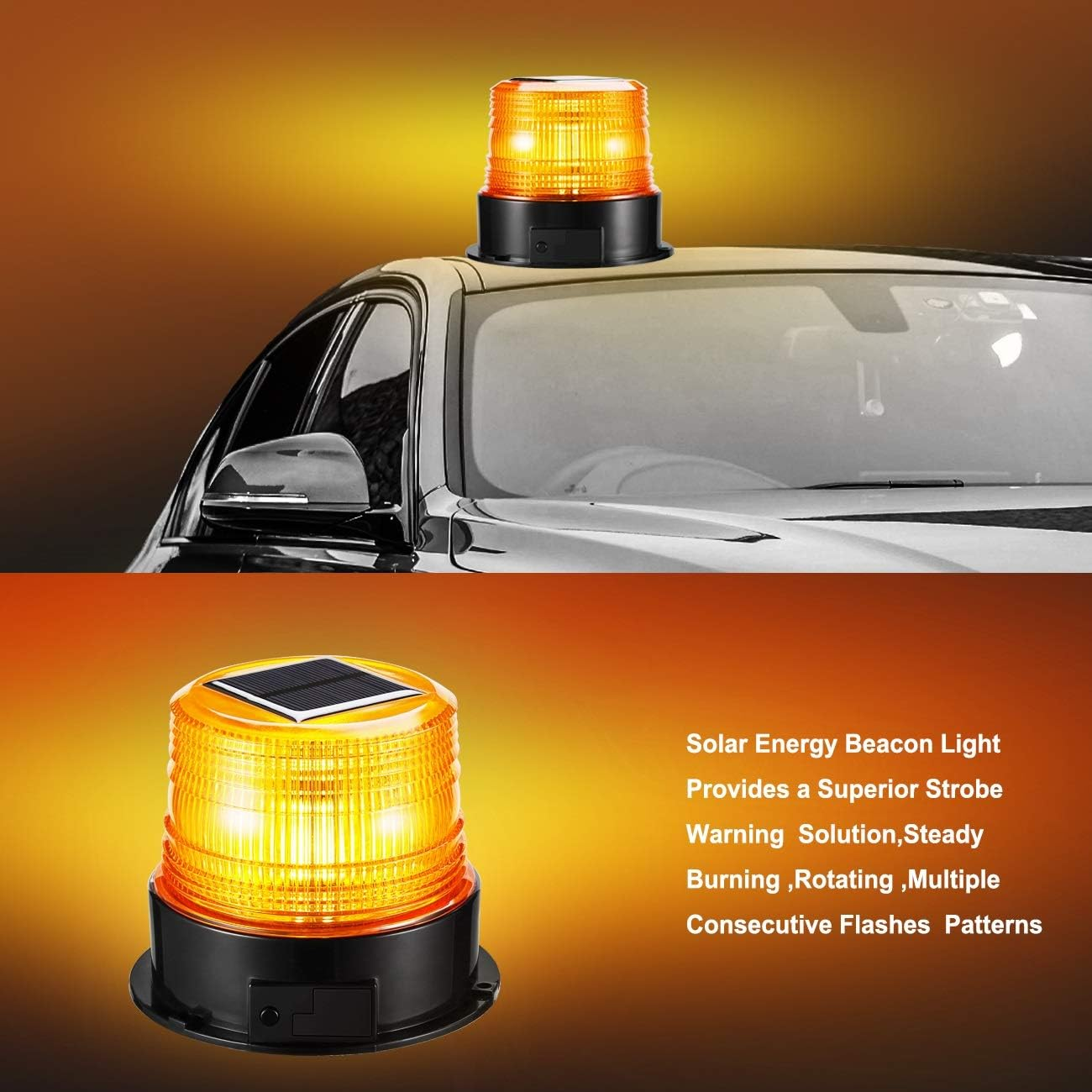 Gelbes Solar-Warnlicht auf einem Auto und isoliert daneben.