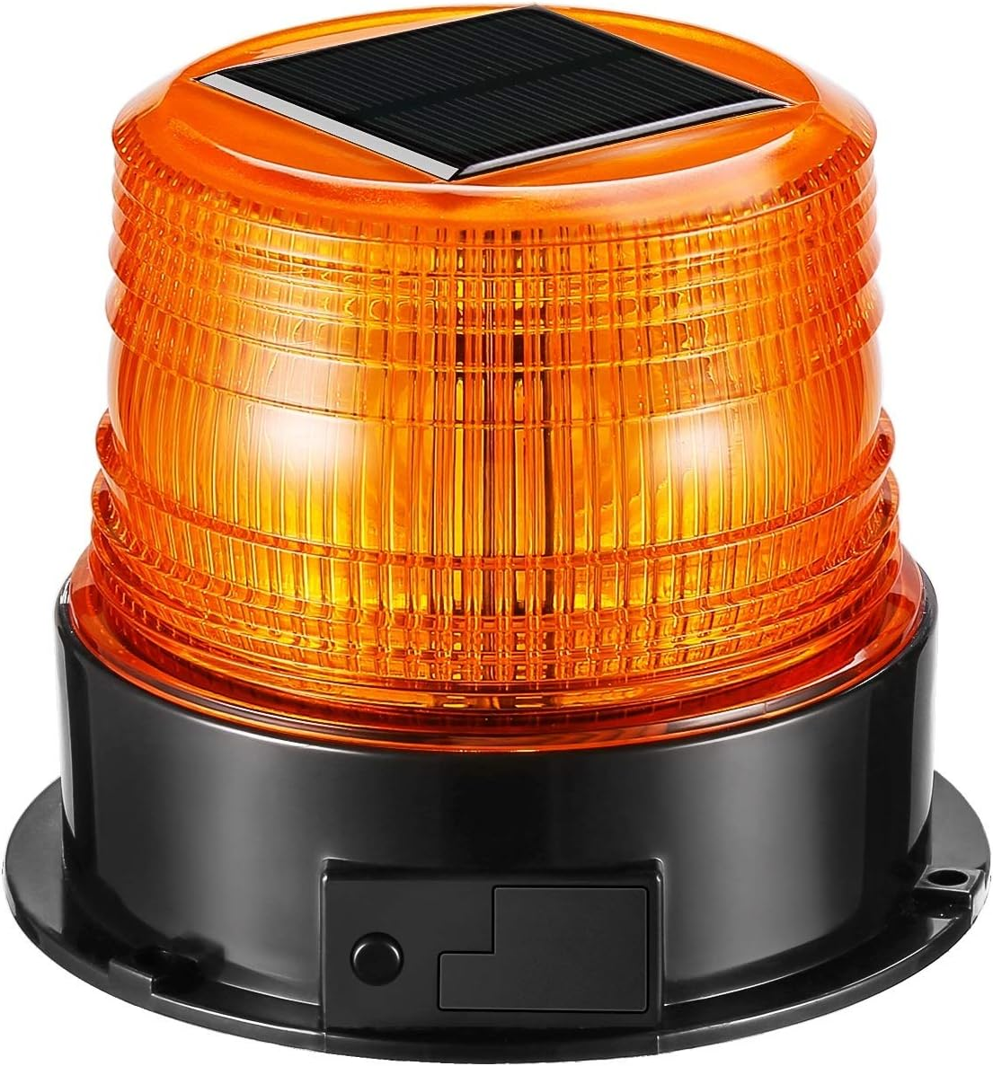 Orange Warnleuchte mit Solarpanel und schwarzem Schalter auf weißem Hintergrund.