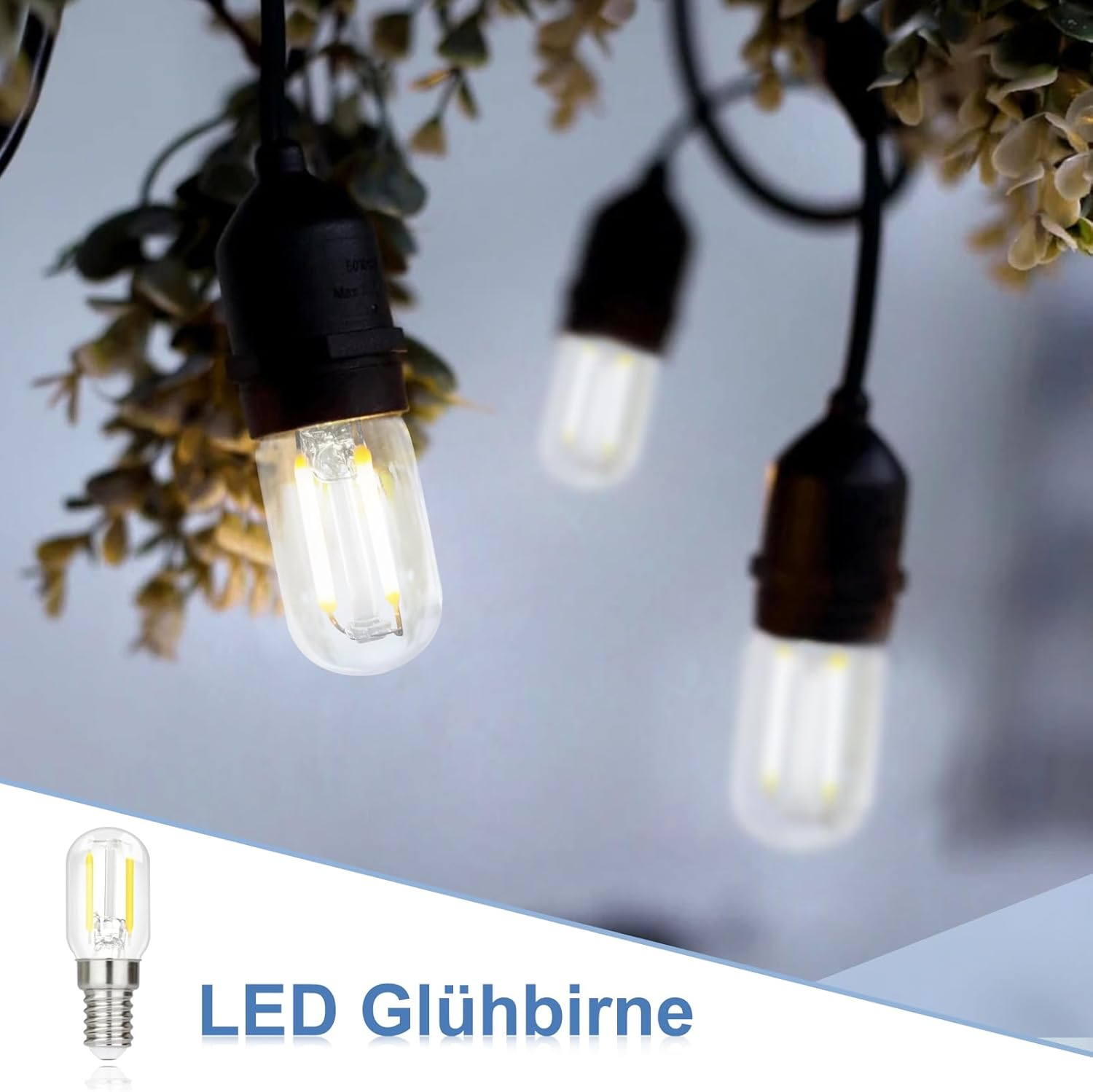 LED-Glühbirnen mit klarem Glas und Metallbasis hängen an Kabeln.