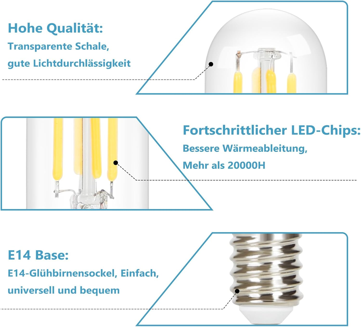 Glühbirne mit transparentem Kolben, LED-Chips und E14-Sockel.