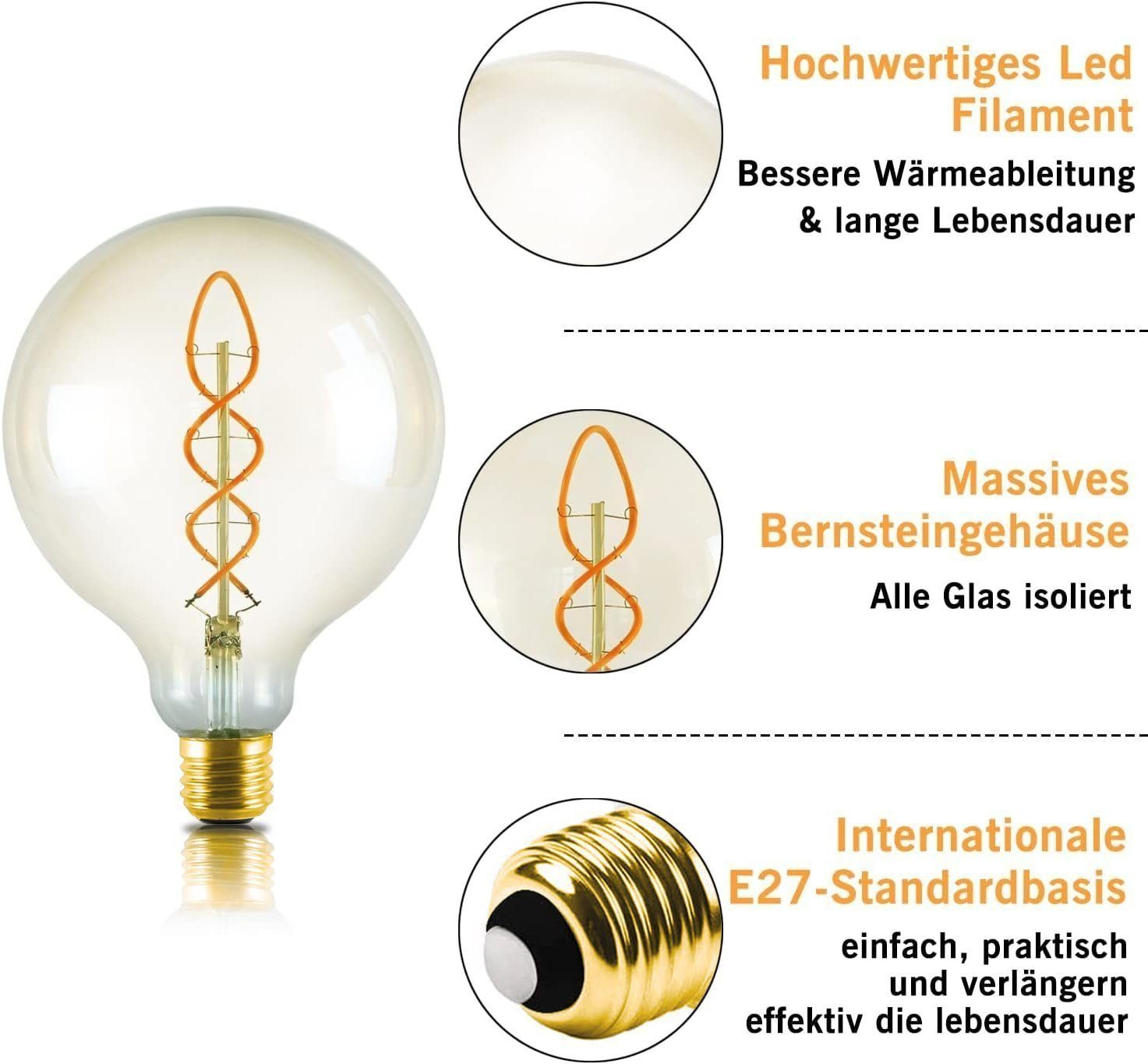 Eine bernsteinfarbene LED-Glühbirne mit sichtbarem Filament und E27-Sockel.