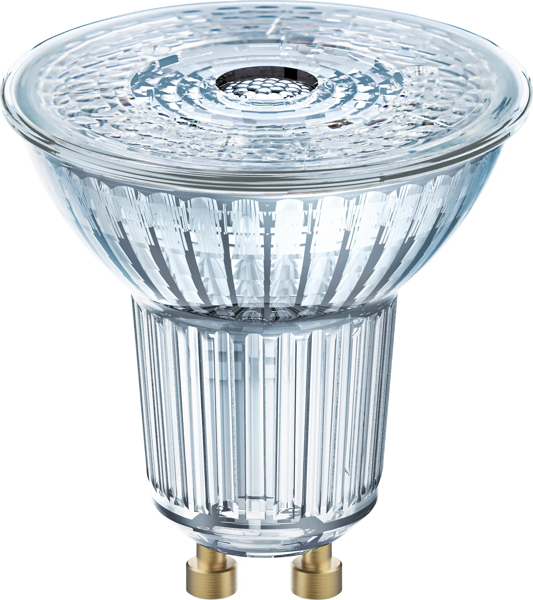 Eine klare Glas-LED-Lampe mit GU10-Sockel und geripptem Gehäuse.